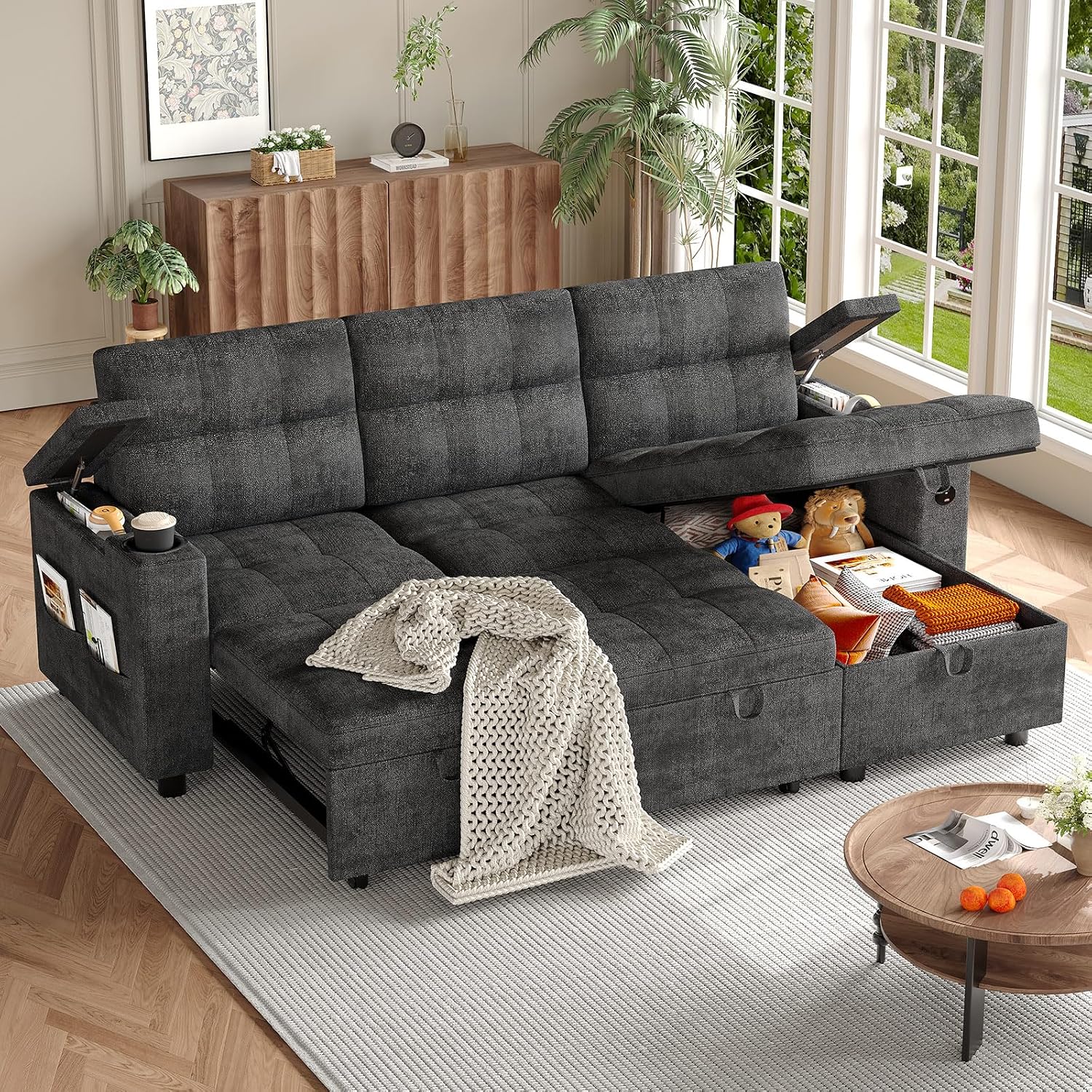 IDEALHOUSE Couches for Living Room, 84'' Sofa Bed，l-Shaped Sectional Sleeper Sofa with Pull Out Bed，Reversible Storage Chaises， Hidden Storage Armrests，Cup Holders & USB Charging Ports