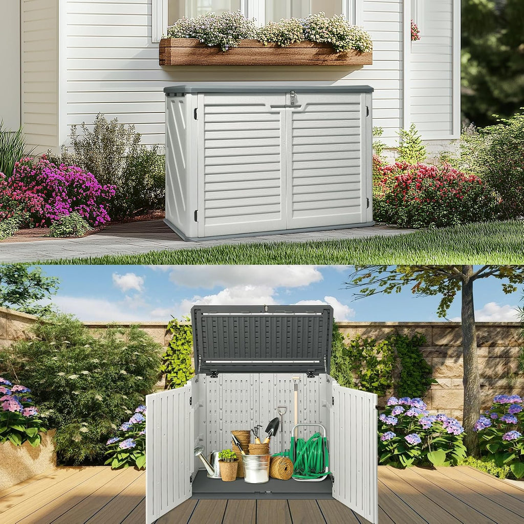 Outvita Outdoor Horizontal Storage Sheds, 34 Cu Ft Weather Resistant HDPE Tool Shed, Multi-Opening Door Waterproof & Lockable for Storage of Bike, Trash Cans, Garden Tools, Lawn Mowers