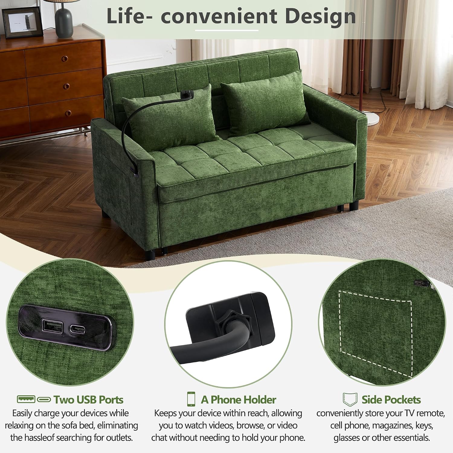 Merax 3 in 1 Convertible Sleeper Sofa Bed, Futon Couches for Living Room with USB Ports | Phone Holder| Reversible Backrest | Pull Out Couch |Small Loveseat, Green