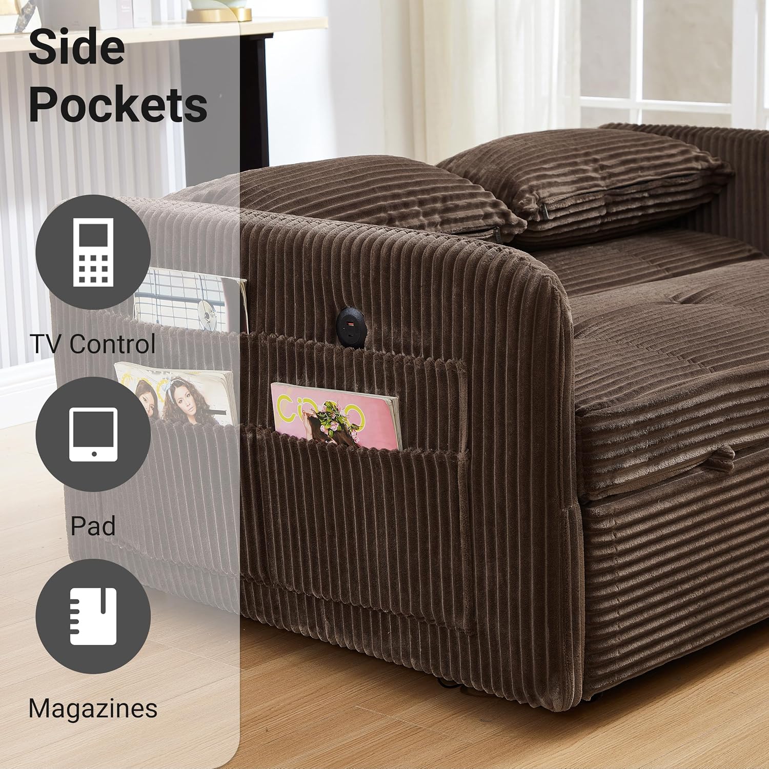 55.5' Corduroy Convertible Sofa Bed, Pull Out Sleeper Sofa Bed, Loveseat Couch with USB Charging Ports, 3 in 1 Convertible Sleeper Sofa Bed for Living Room, Apartment, Bedroom, RV, Beige