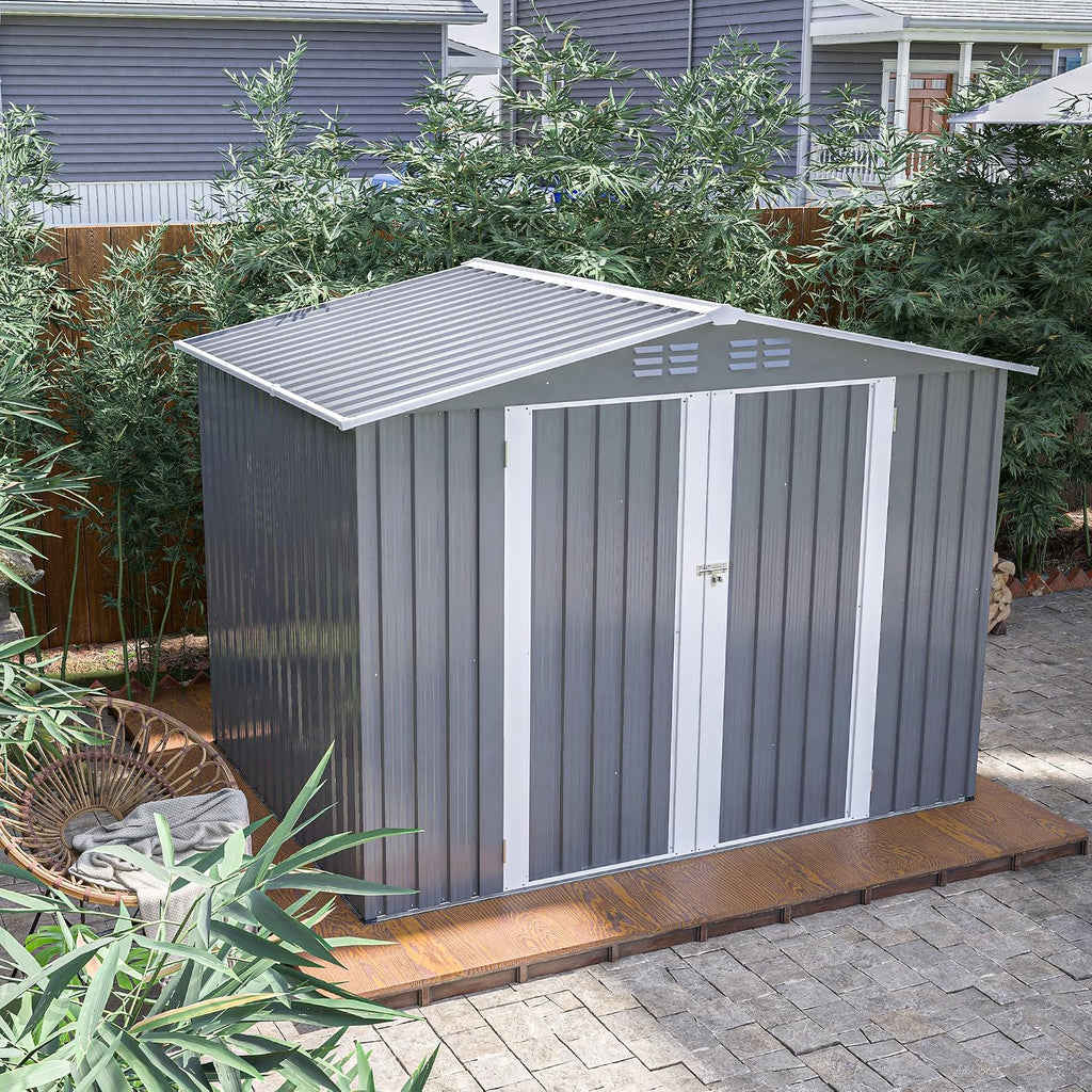 YOPTO 8 x 6 FT Outdoor Storage Shed with Floor Frame,Utility Metal Tool Storage with Lockable Doors,Air Vents & Waterproof Roof, Large Garden Shed for Backyard, Patio Lawn,Gray