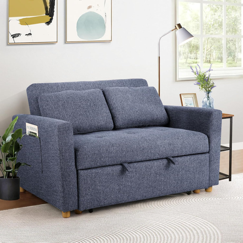 SEJOV Convertible Sofa Bed, 3-in-1 Sleeper Sofa Pull Out Couch Bed, 2-Seater Linen Fabric Loveseat Futon with Spring Support, Adjustable Backrest for Small Spaces, Living Room, Navy Blue