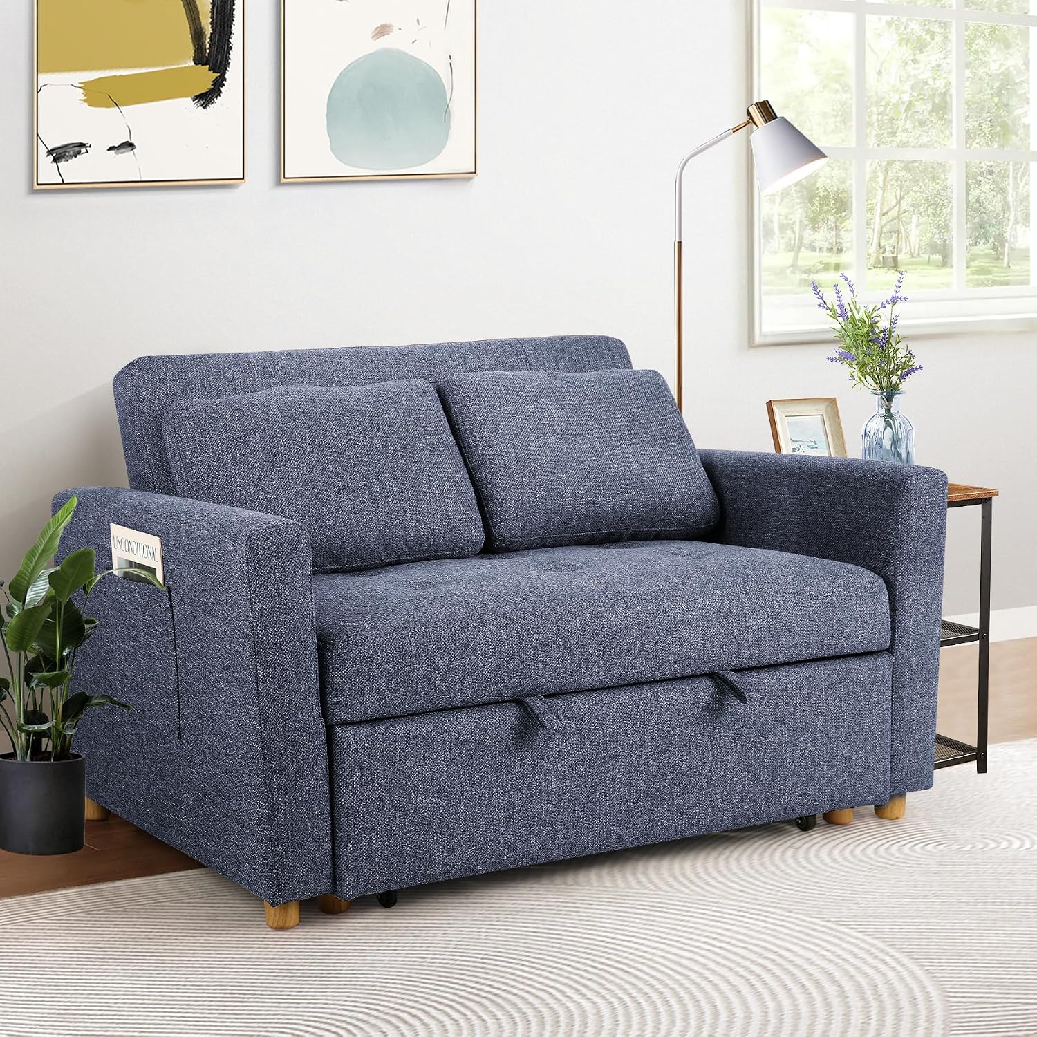 SEJOV Convertible Sofa Bed, 3-in-1 Sleeper Sofa Pull Out Couch Bed, 2-Seater Linen Fabric Loveseat Futon with Spring Support, Adjustable Backrest for Small Spaces, Living Room, Navy Blue