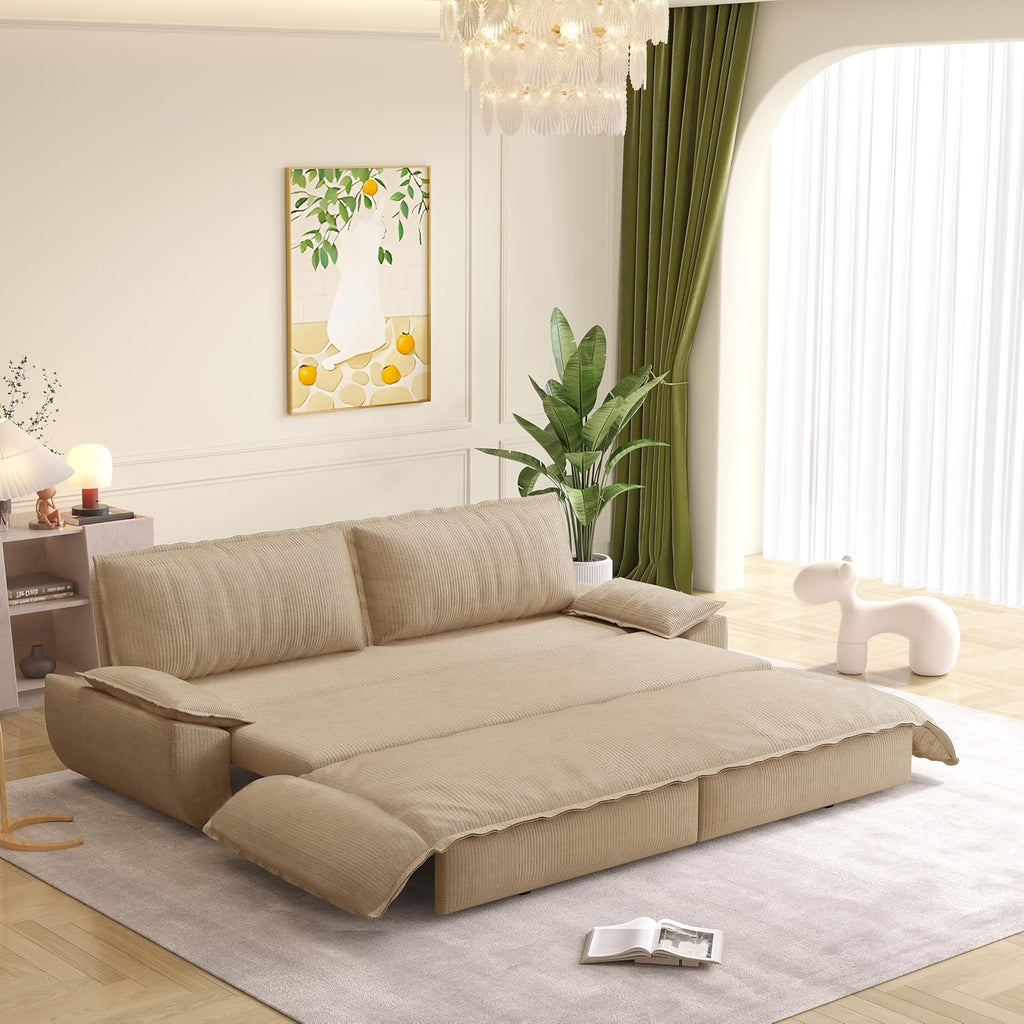 73.2' Sleeper Sofa Bed Queen, 3-in-1 Convertible Couch, Modern Pull Out Couches, Comfy Corduroy Futon Sofa, Cloud Loveseat Lounge, Pillow Arm for Small Spaces, Living Room, Apartment, Camel