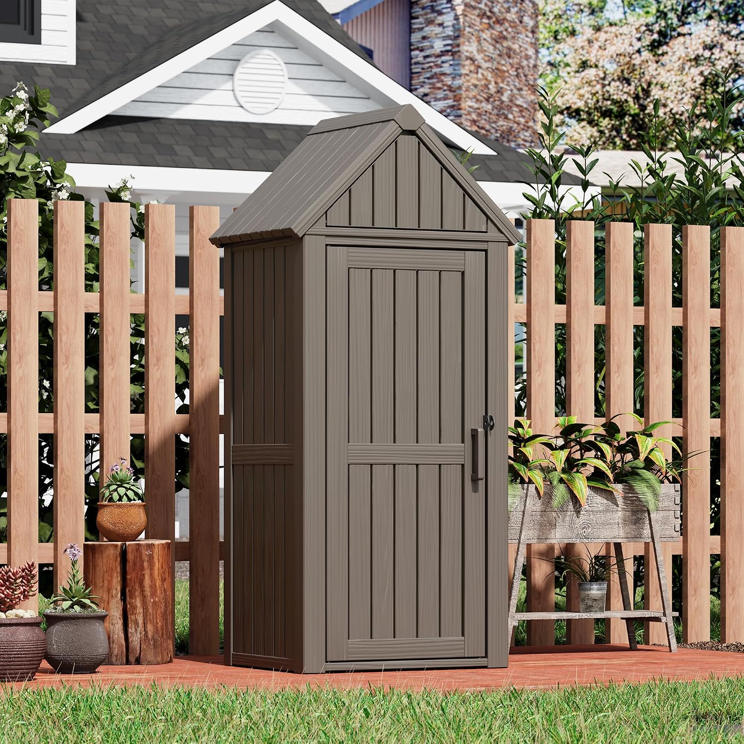 Fancyango Outdoor Resin Storage Cabinet Sturdy All-Weather Shed with Removable Shelves Lock Ring & Reinforced Floor – for Garden Patio Lawn (Grey)