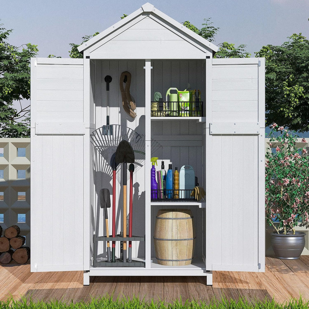 GDFStudio 67' Fir Wood Storage Shed 2 Doors Design Outdoor Tool Storage House Cabinet with Sloped Roof & 4 Interior Compartments for Garden Patio Backyard, White