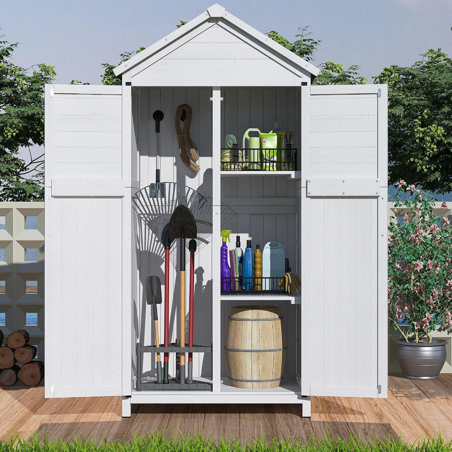 GDFStudio 67' Fir Wood Storage Shed 2 Doors Design Outdoor Tool Storage House Cabinet with Sloped Roof & 4 Interior Compartments for Garden Patio Backyard, White