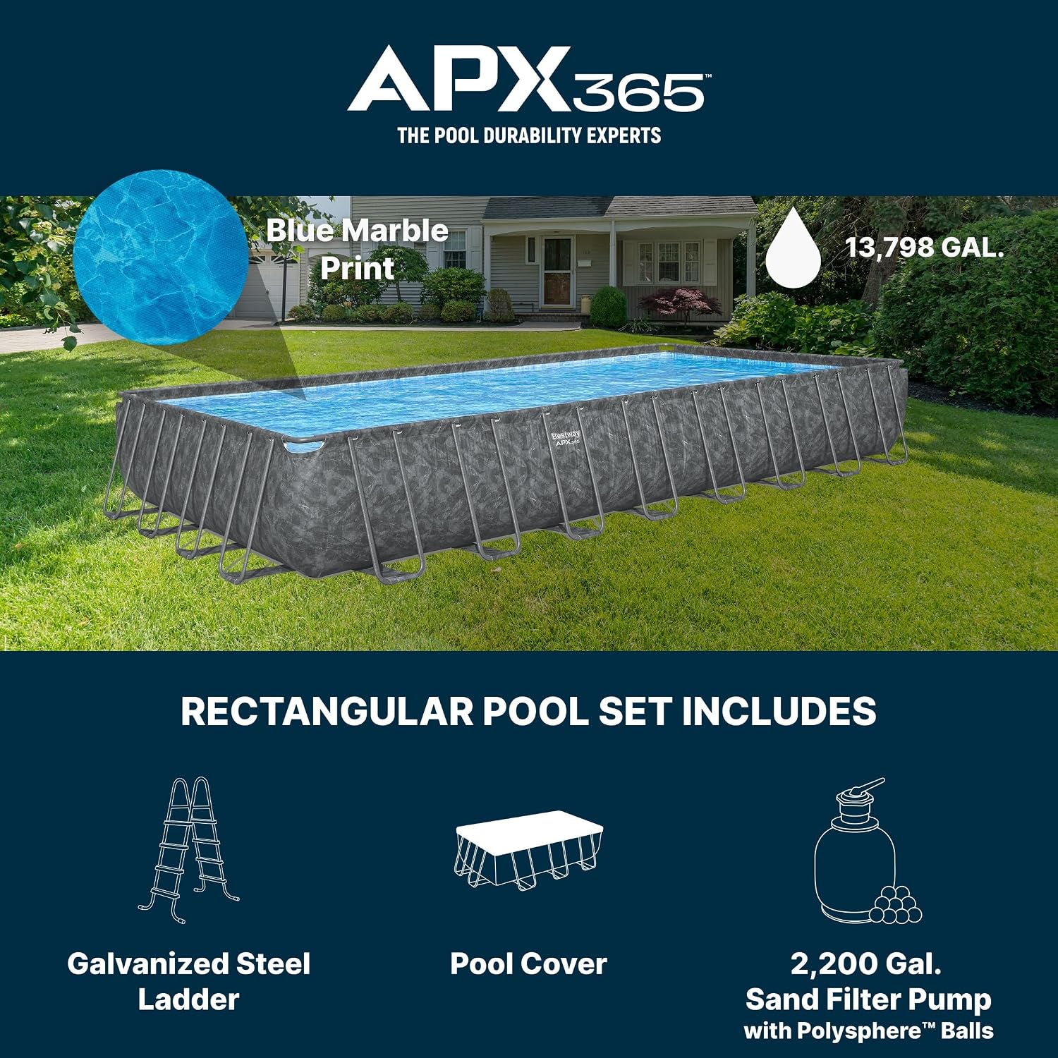 Bestway APX 365 31'4' x 16' x 52' Above Ground Pool, Rectangular Metal Frame Outdoor Swimming Pool Set with Sand Filter Pump, Ladder, and Cover, Dark Marble