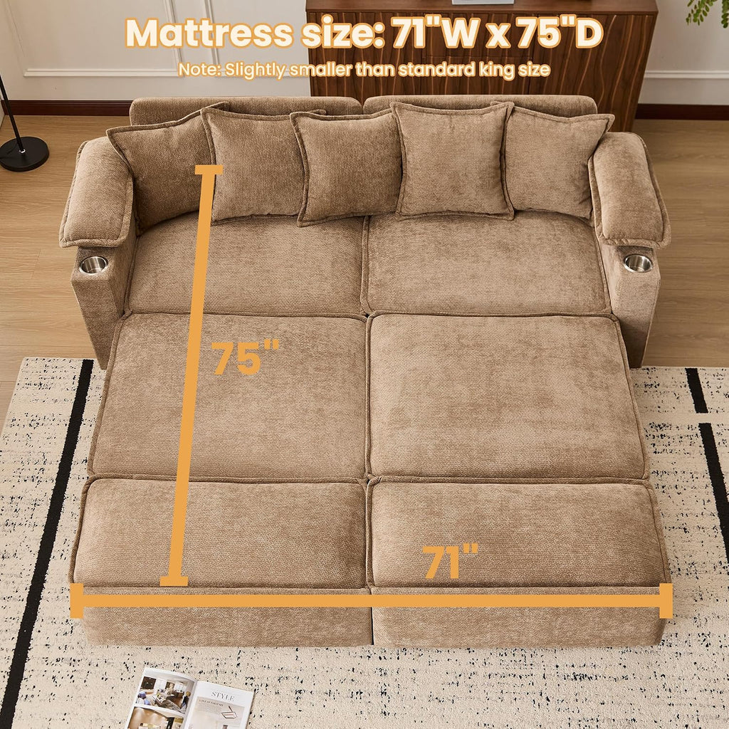 SUNWAVE 83' King Size Pull Out Sofa Bed, 4-in-1 Convertible Sleeper Sofa Bed with USB Ports, Cup Holders, Side Pockets, Corduroy Oversized Loveseat Chaise Lounge for Living Room, Small Space