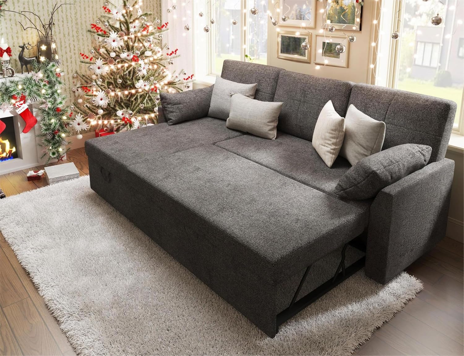 PaPaJet Sofa Bed, Sleeper Sofa with Storage Chaise, L Shaped Sofa with Pull Out Bed, Oversized Sofas for Living Room, Gray