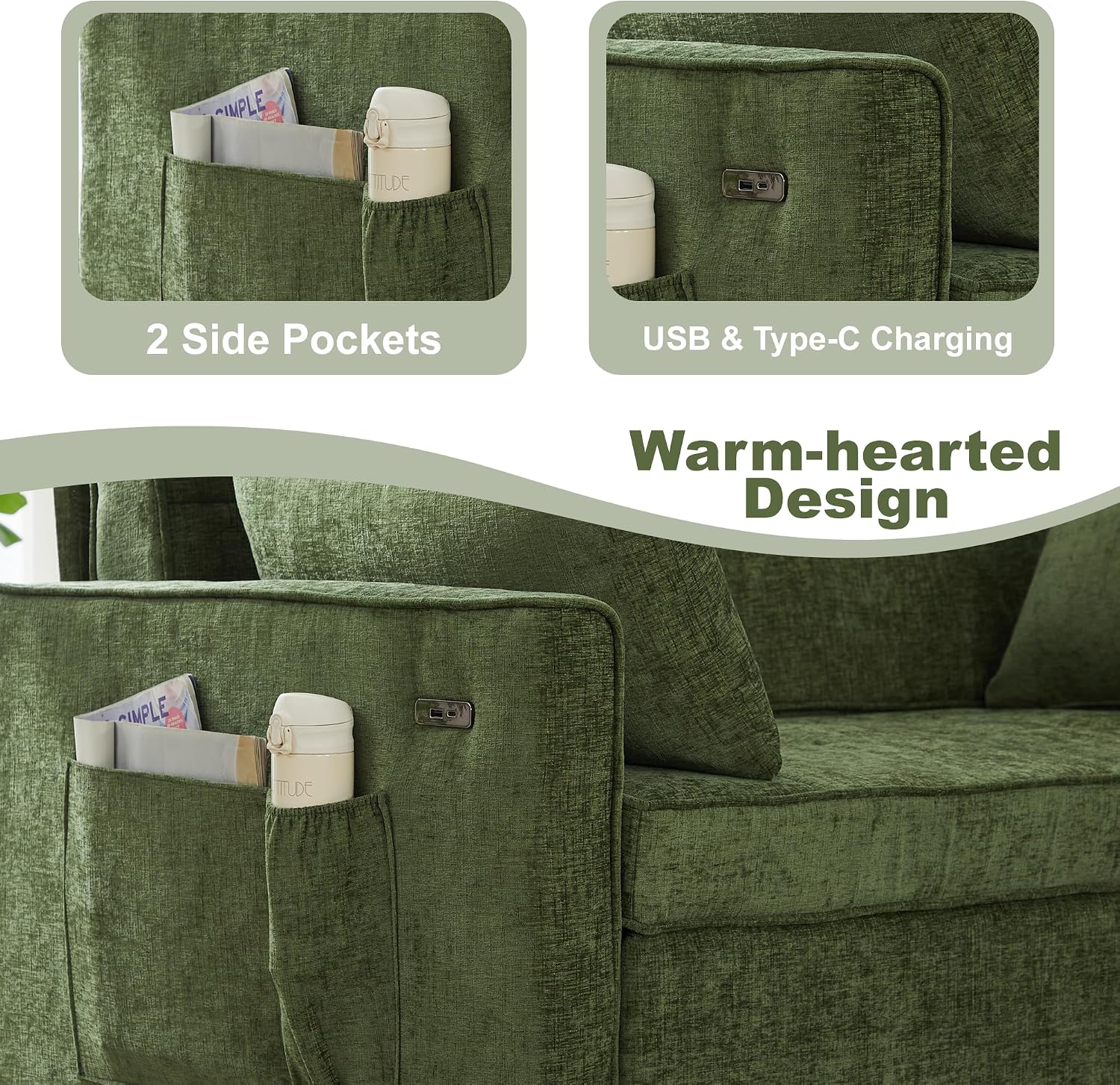 Tbfit 57' Loveseat Sleeper Convertible Sofa Bed, Futon Couch with Pullout Bed, USB & Adjustable Backrest, Chenille Queen Size Pull Out Couches for Living Room, Apartment, Office, Dorm, RV, Green