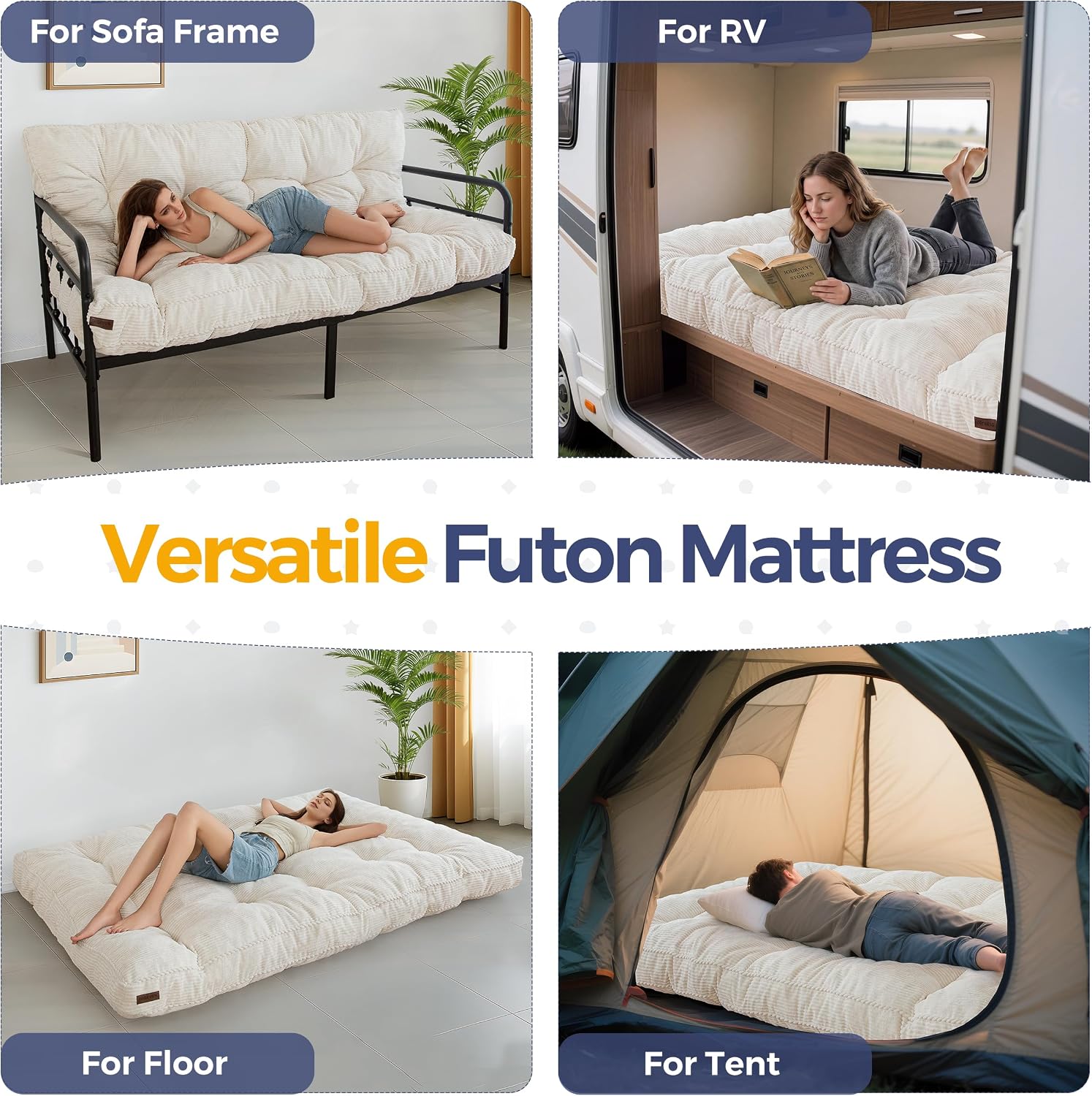 MAXYOYO 6' Futon Mattress Full Size, Tufted Futons Sofa Couch with Twisted Rope Design Edging, Thick Corded Fabric Floor Mattress for Adults, Shredded Foam Filling (Frame Not Included), Beige