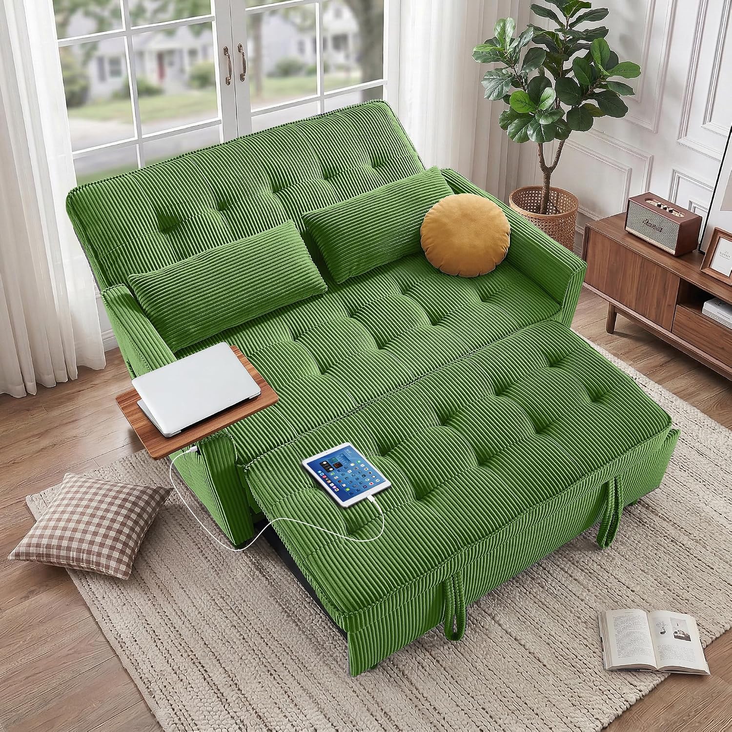 Sleeper Sofa Bed, 54'' Convertible Pull Out Couch with Small Table| USB Port | Stand Table| Corduroy Fabric | Adjustable Backrest for Apartment, Office, Bedroom, Guest Room(Green)