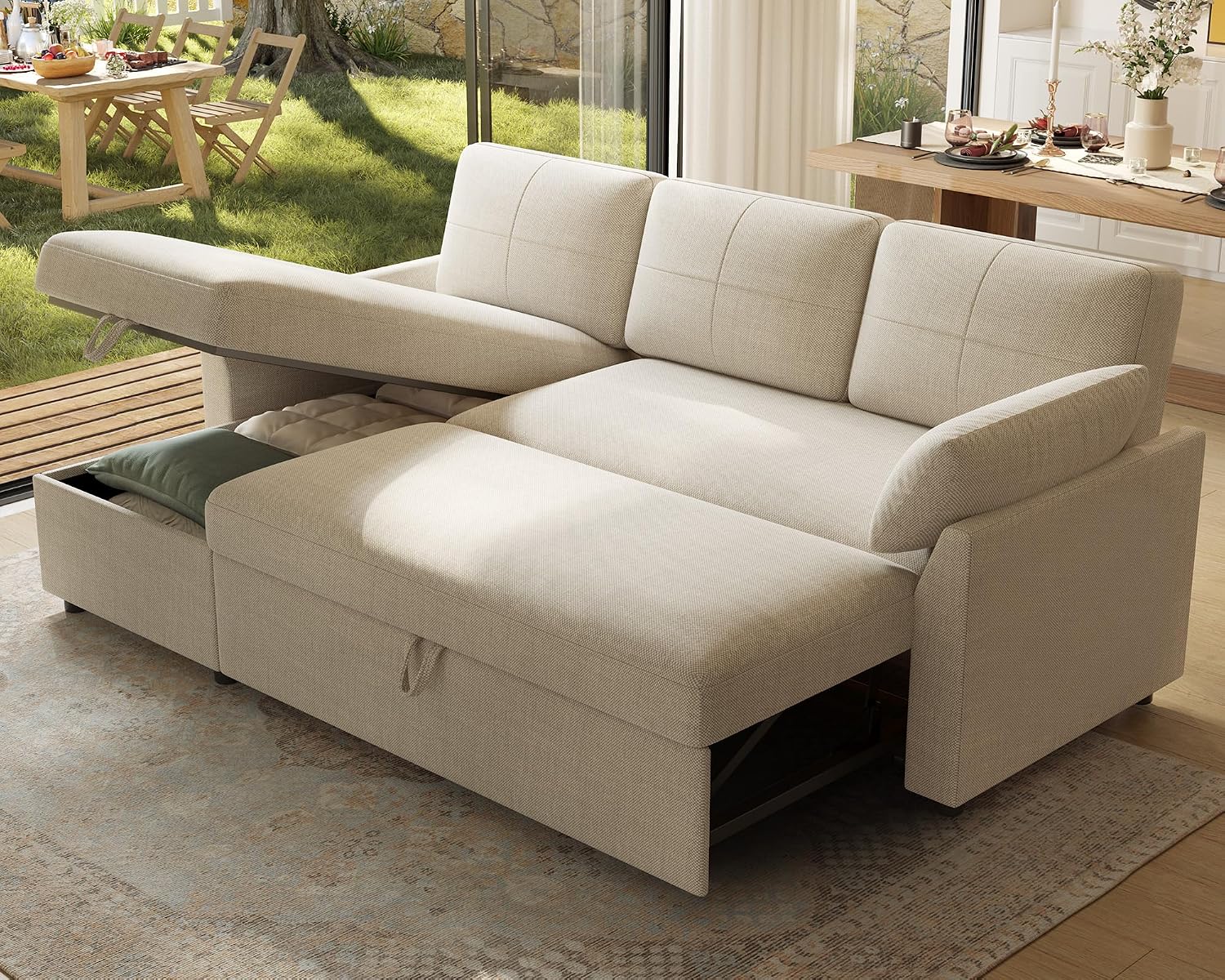 PaPaJet Sofa Bed, Sleeper Sofa with Storage Chaise, L Shaped Sofa with Pull Out Bed, Oversized Sofas for Living Room, Beige