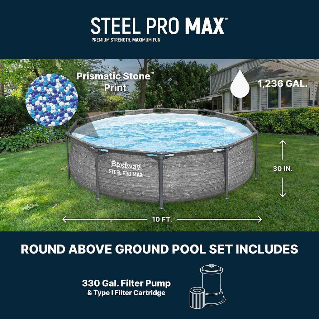 Bestway Steel Pro MAX 10' x 30' Above Ground Pool, Round Metal Frame Outdoor Swimming Pool Set with Filter Pump, Stacked Stone Print