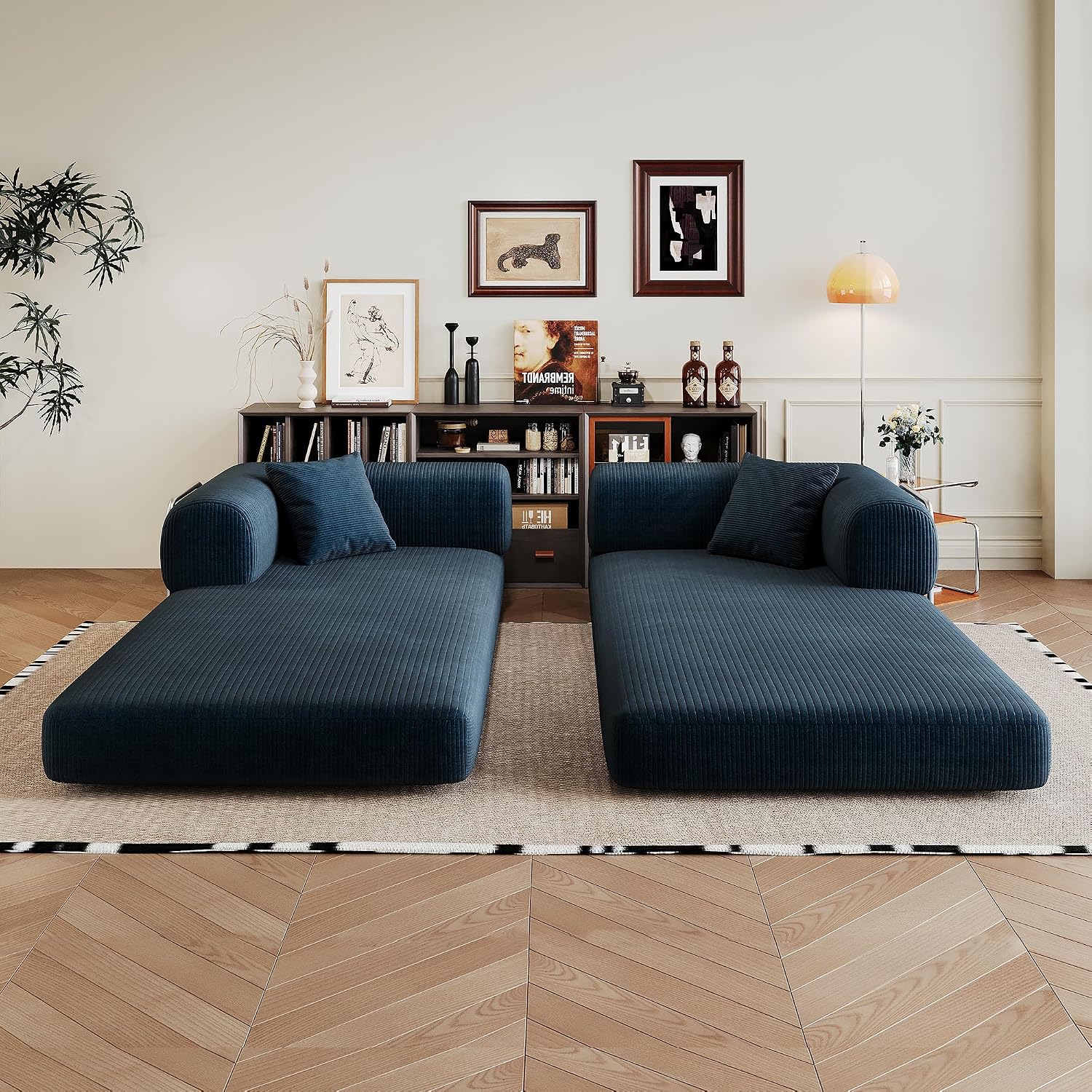79' Convertible Sofa Bed, Corduroy Folding Pull Out Couch with Pillows, No Assembly Modern Boneless Couch Compression Sofa in Box, Floor Sofa with Support Rods for Living Room,Blue