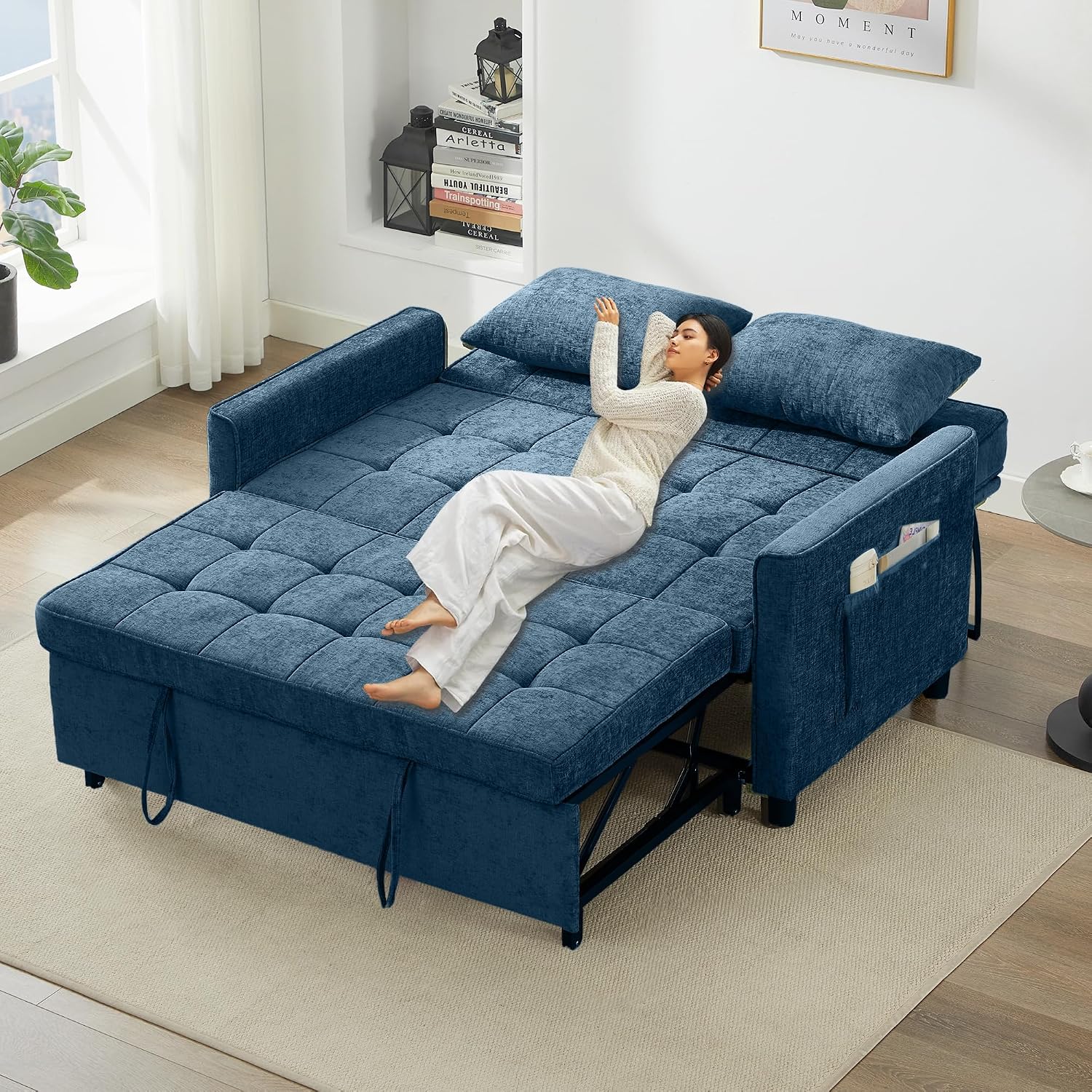 Tbfit 57' Love Seat Sleeper Bed, Convertible Pull Out Couch Bed, Chenille Loveseat Sofa Bed with USB & Adjustable Backrest, Full Size Pull Out Couches for Living Room, Apartment, Office, Dorm, Blue
