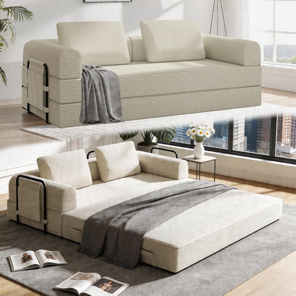 78' Convertible Sofa Bed, 5-in-1 Boneless Sleeper Sofa with with Fixed Frame & Pocket, Corduroy Pull Out Couch with 2 Pillows, Couch Bed for Living Room, Small Spaces, Bedroom, No Assembly