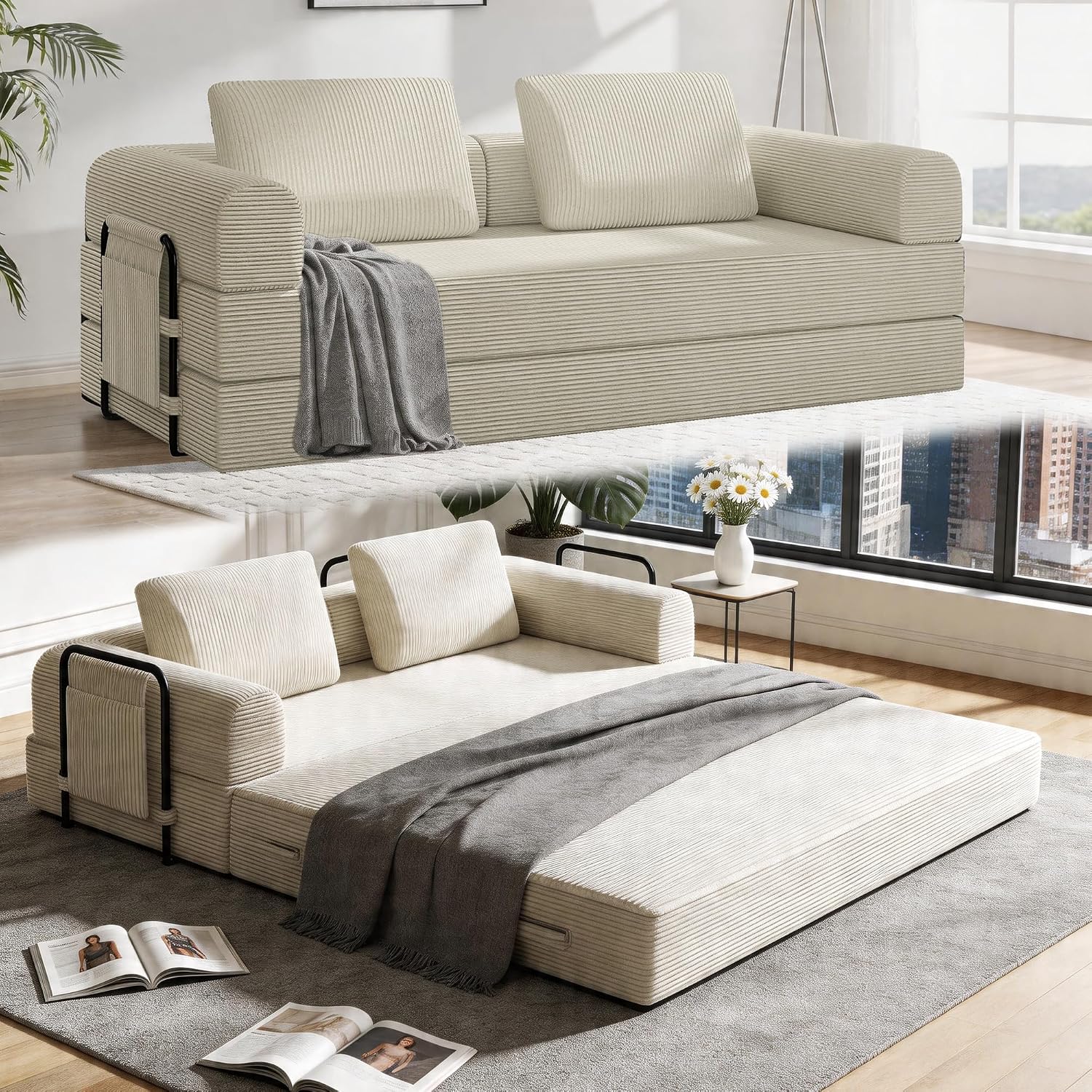 78' Convertible Sofa Bed, 5-in-1 Boneless Sleeper Sofa with with Fixed Frame & Pocket, Corduroy Pull Out Couch with 2 Pillows, Couch Bed for Living Room, Small Spaces, Bedroom, No Assembly