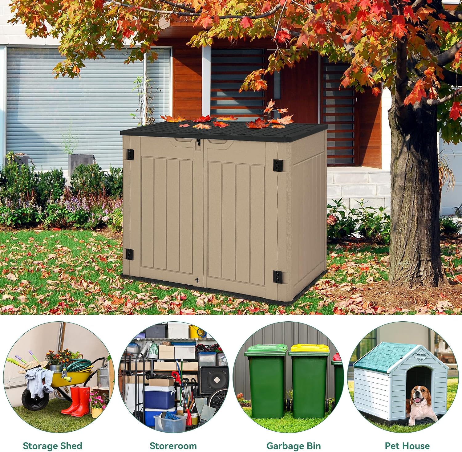 YITAHOME Extra Large Outdoor Horizontal Storage Shed, 4.5x4ft Resin Tool Sheds w/o Shelf, Easy to Assemble Waterproof Storage for Trash Cans, Garden Tools, Lawn Mower, Lockable, Brown