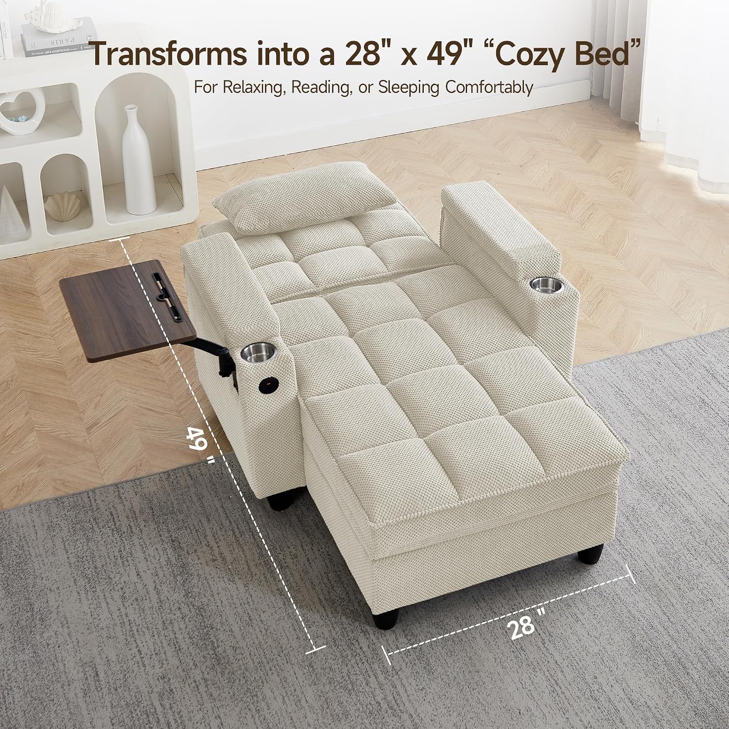 oaaktu Single Modern Comfy Upholstered Chaise Lounge Sofa Chair with Rotating Side Table,Storage,Pillow,USB Charging Ports and Adjustable Backrest Perfect for Living Room, Small Spaces (Beige)