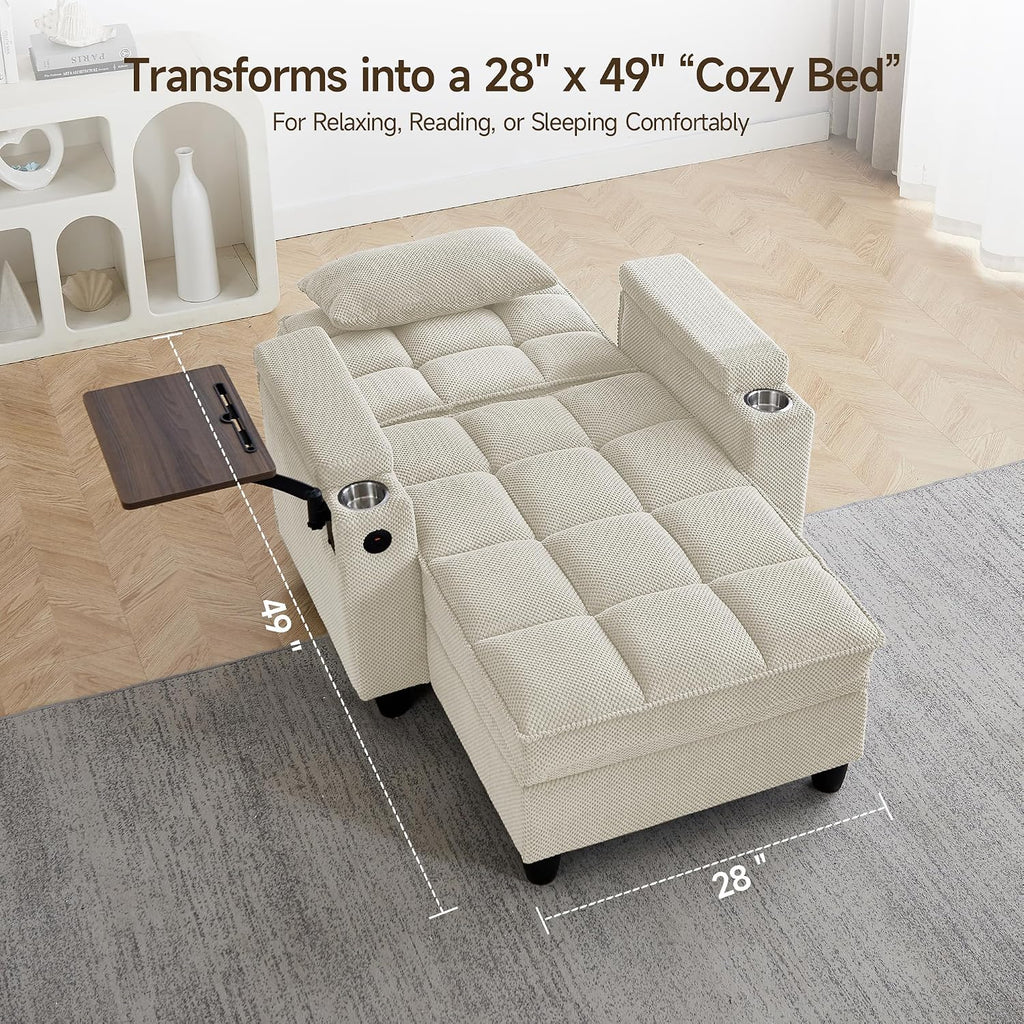 41.7' Chaise Lounge Chair Indoor, Oversized Boucle Upholstered Sofa Bed, Adjustable Backrest Deep Seat Reading Chair, Sofas Couches for Living Room with Storage, Cup Holders & 360° Swivel Side Table