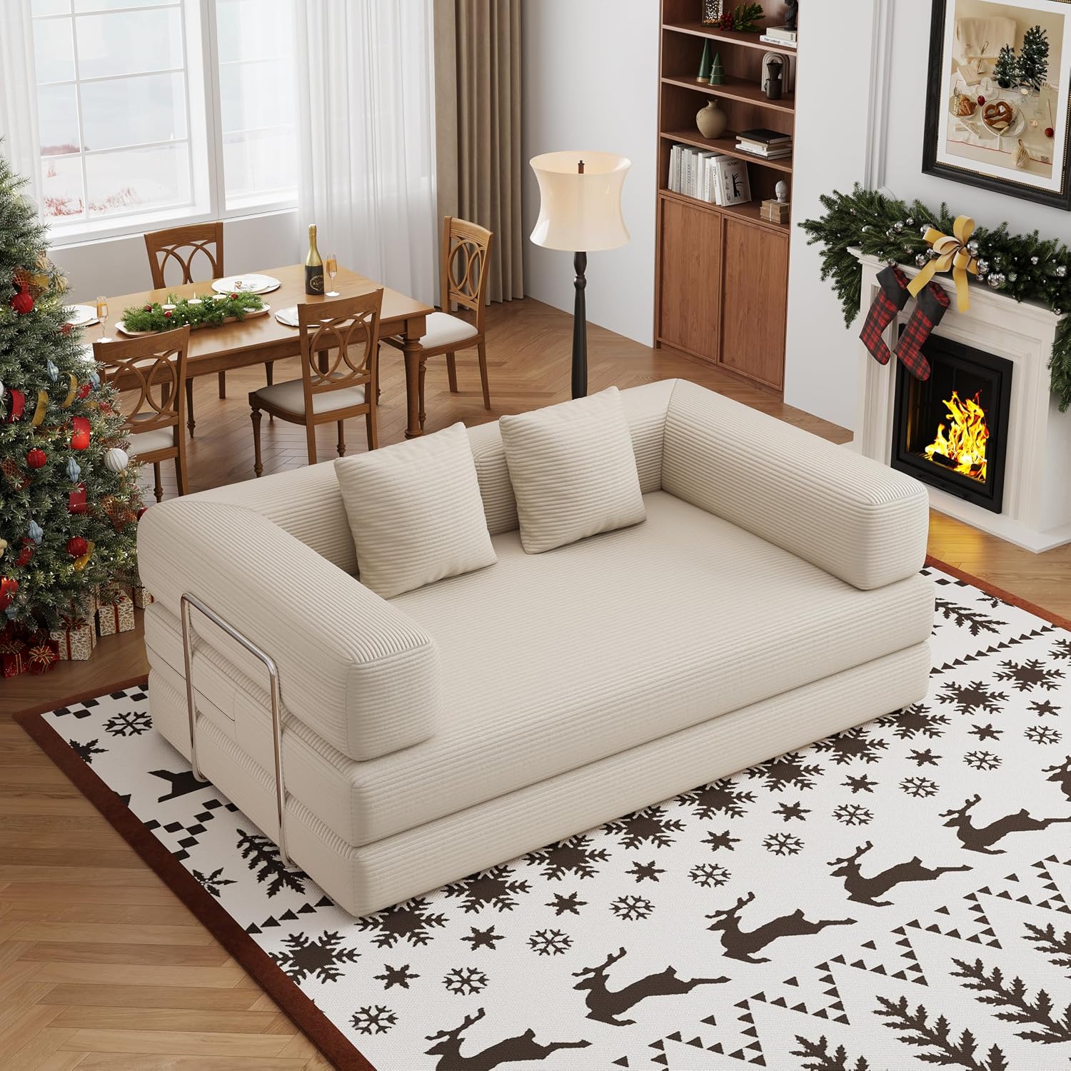 4-in-1 Foldable Sofa Bed Teddy Fabric Foam-Filled Compressed Couch, Beds Queen Size Convertible Sofa Couch Loveseat , Boneless Folding Sleeper for Living Room, Guest Bed, Playroom (Beige, 59' 2 Seat)