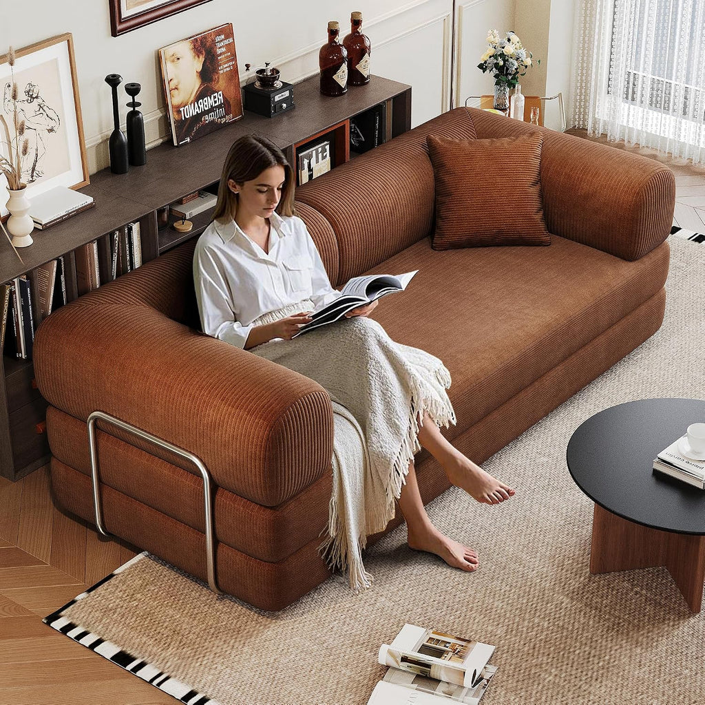 79' Convertible Sofa Bed, Corduroy Folding Pull Out Couch with Pillows, No Assembly Modern Boneless Couch Compression Sofa in Box, Floor Sofa with Support Rods for Living Room,Brown