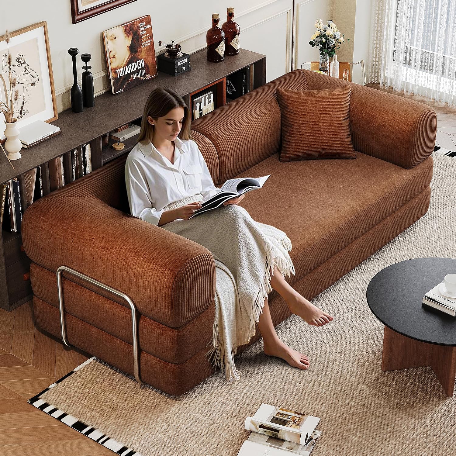 79' Convertible Sofa Bed, Corduroy Folding Pull Out Couch with Pillows, No Assembly Modern Boneless Couch Compression Sofa in Box, Floor Sofa with Support Rods for Living Room,Brown