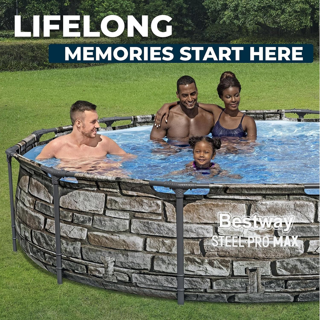 Bestway Steel Pro MAX 12' x 30' Above Ground Pool, Round Metal Frame Outdoor Swimming Pool Set with Filter Pump & Type I Cartridge, Stone Print