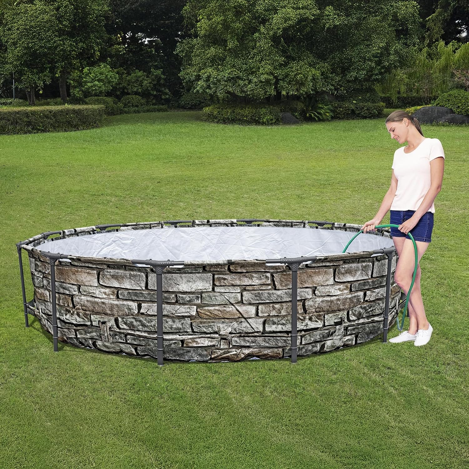 Bestway Steel Pro MAX 12' x 30' Above Ground Pool, Round Metal Frame Outdoor Swimming Pool Set with Filter Pump & Type I Cartridge, Stone Print