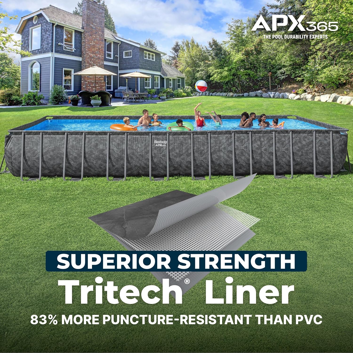 Bestway APX 365 31'4' x 16' x 52' Above Ground Pool, Rectangular Metal Frame Outdoor Swimming Pool Set with Sand Filter Pump, Ladder, and Cover, Dark Marble