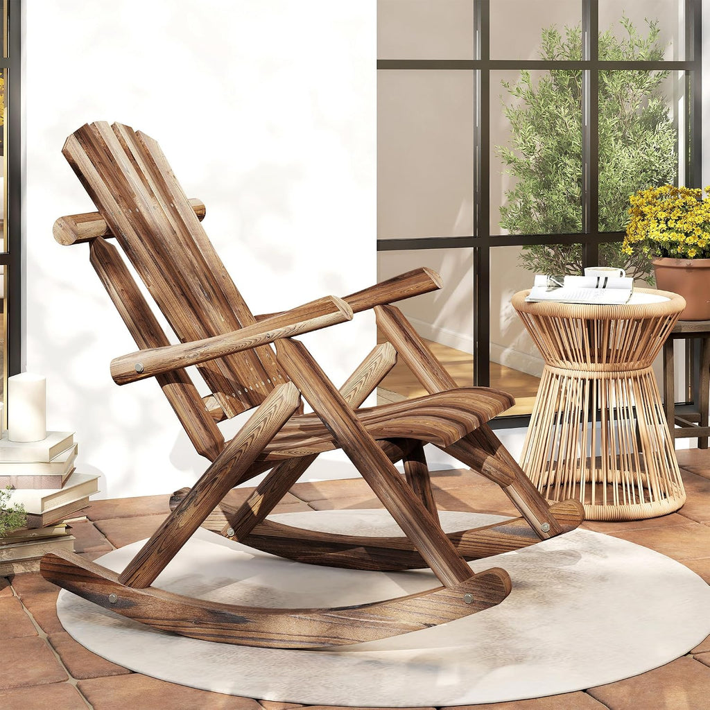 Outsunny Outdoor Wooden Rocking Chair, Single-Person Adirondack Rocking Patio Chair with Rustic High Back, Slatted Seat and Backrest for Indoor, Backyard, Garden, Carbonized