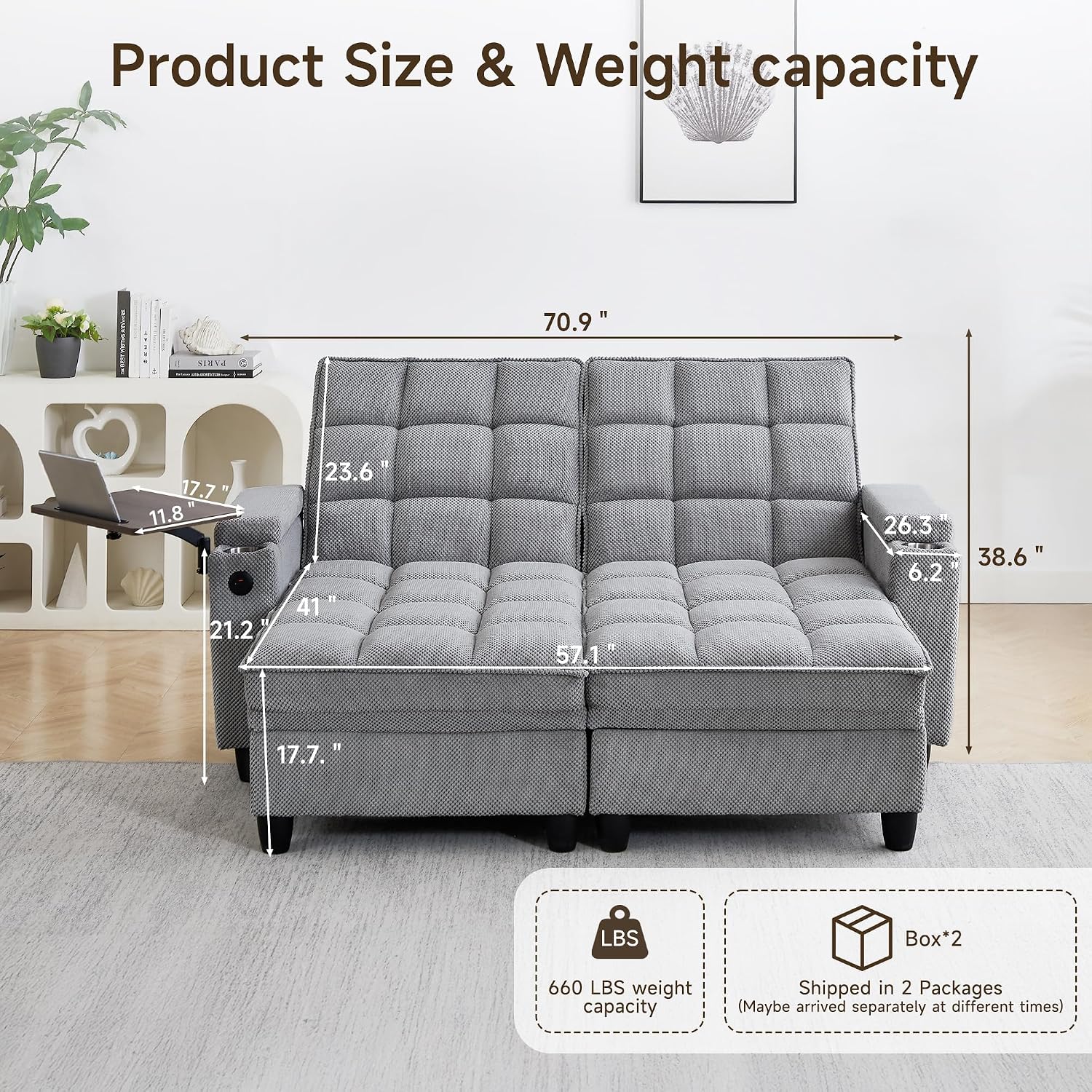 70.9'' Double Chaise Lounge with 360 degree rotatable side table, Comfy Corduroy Indoor Lounge Chair with Armrest Storage, Cup Holder, USB Port, and Pillow for Living Room or Bedroom (light gray)
