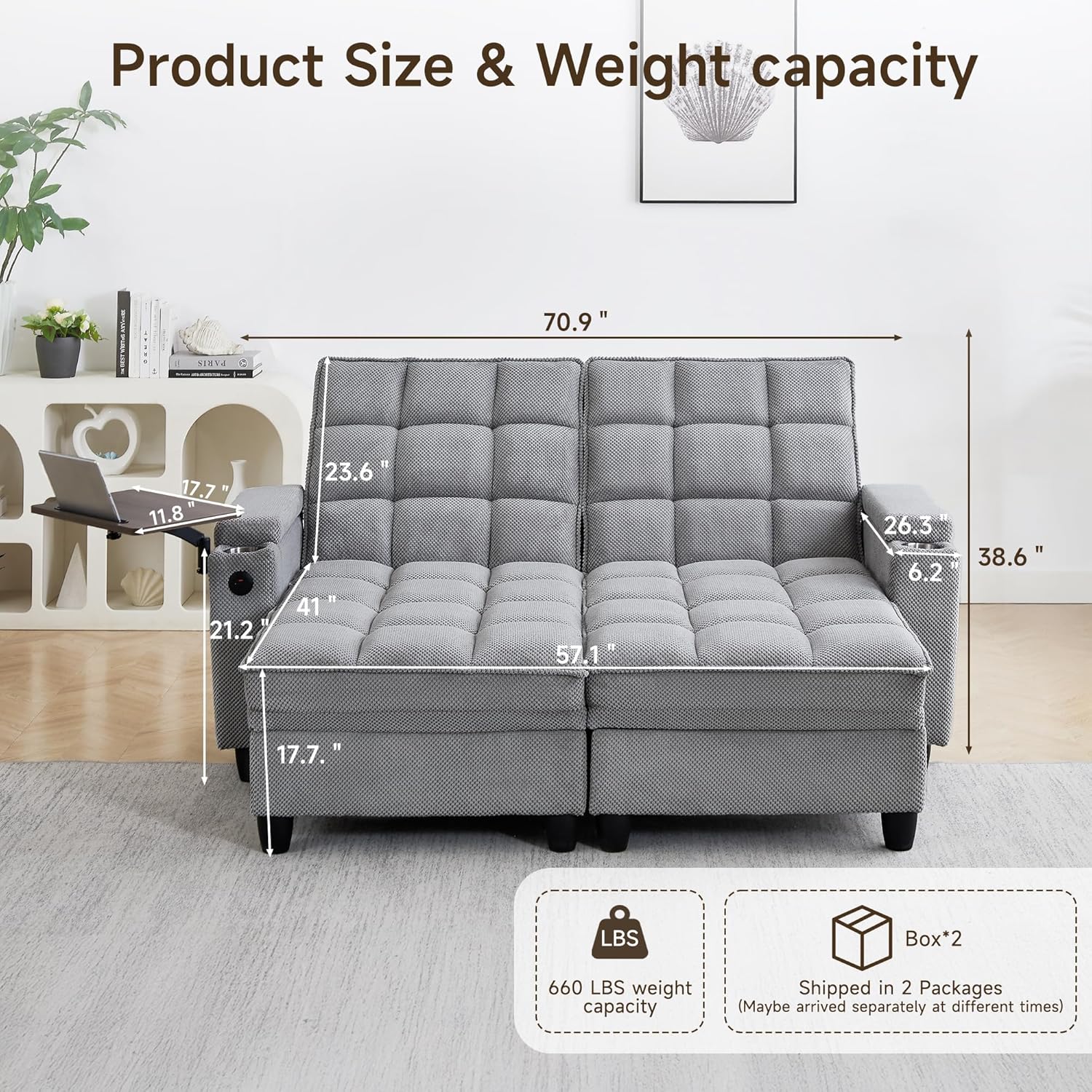 70.9' Chaise Lounge Chair Indoor, Oversized Boucle Upholstered Sofa Bed, Adjustable Backrest Deep Seat Reading Chair, Sofas Couches for Living Room with Storage, Cup Holders & 360° Swivel Side Table