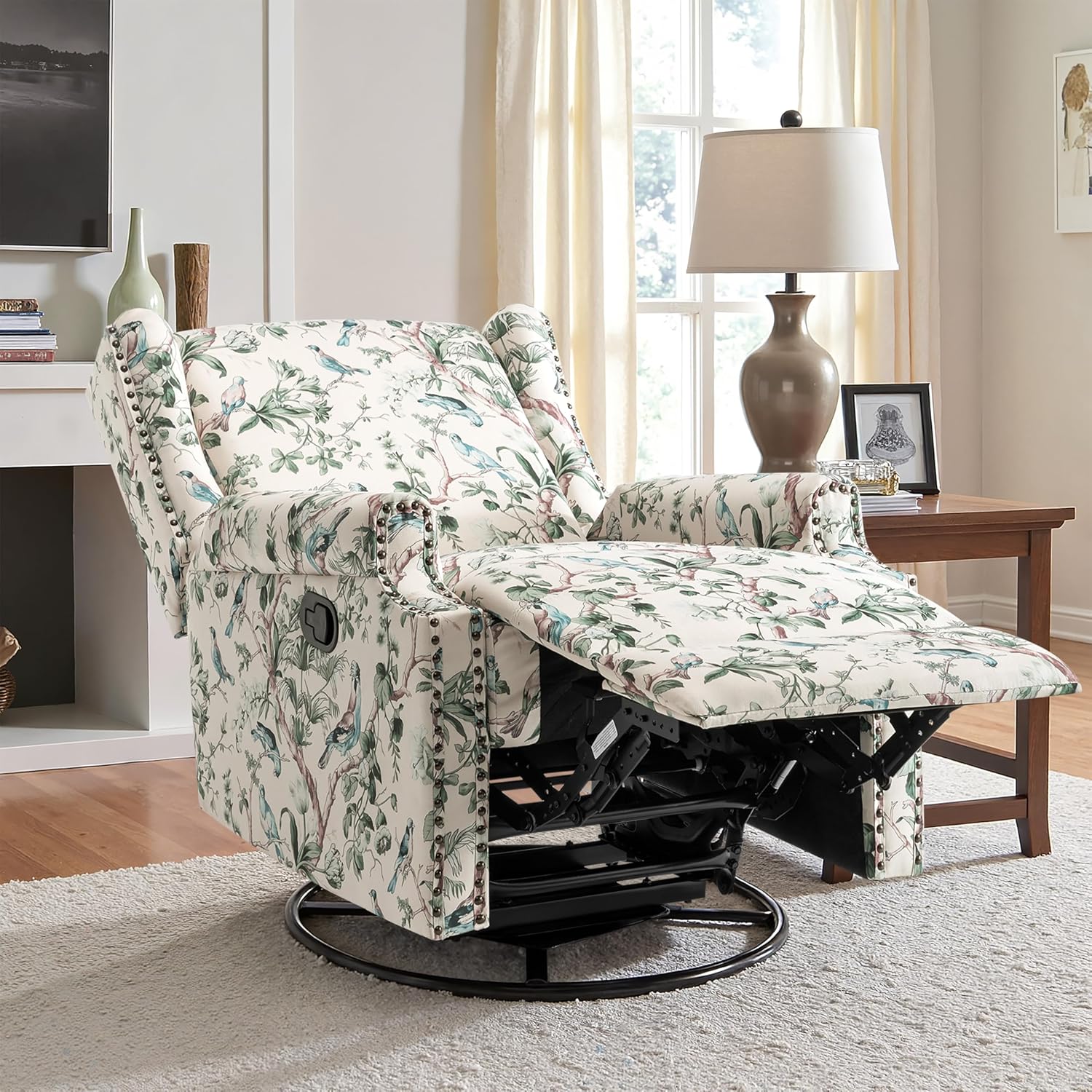 Lumibee Swivel Rocker Recliner Chairs, Set of 2 Printed Fabric Swivel Glider Rocking Chair with High Back, Upholstered Deep Seat Wingback Recliner Chair for Living Room Bedroom, Bird