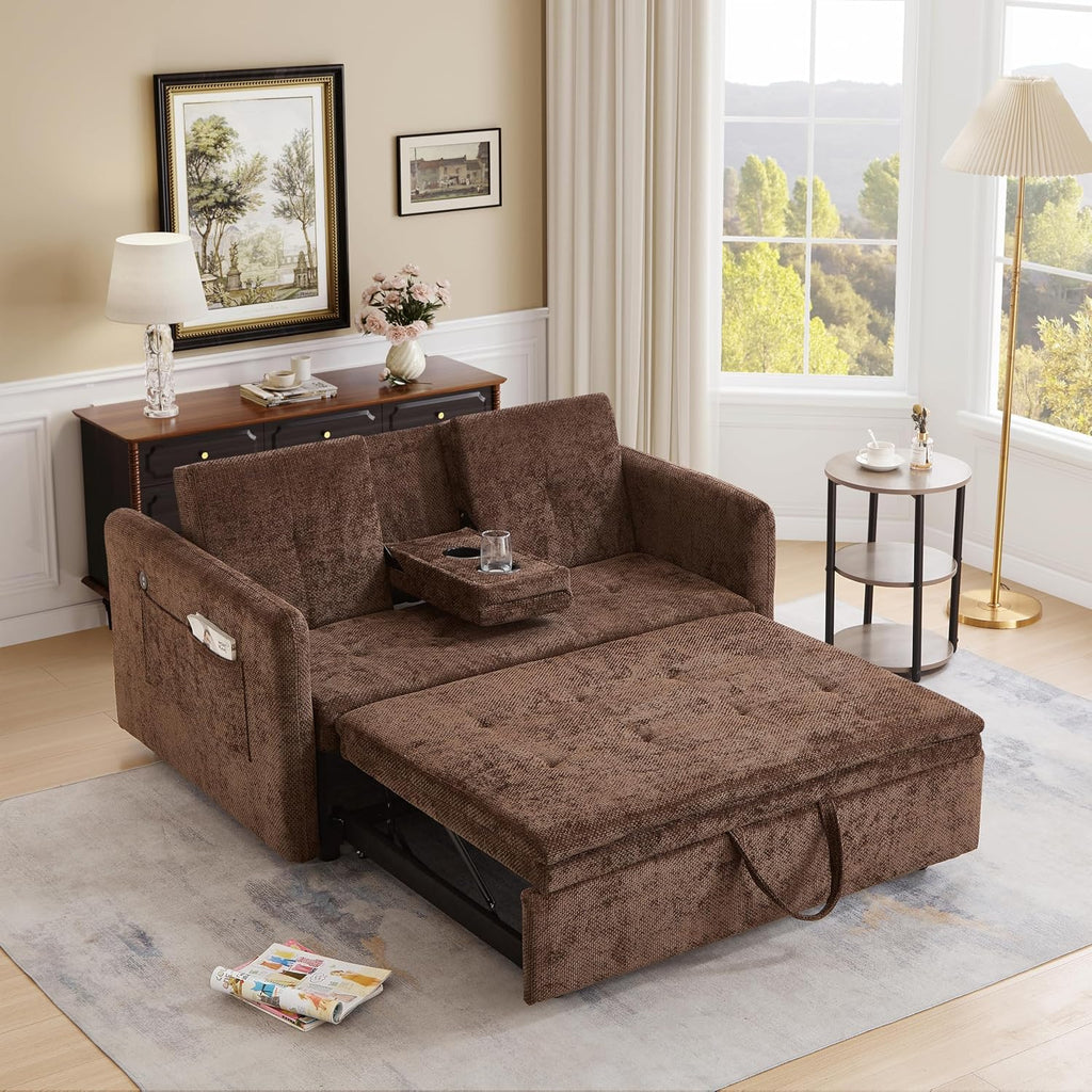 57.48' Convertible Sofa Bed with Cup Holder, Pull Out Sleeper Sofa Bed with USB Charging Ports, 3 in 1 Convertible Sleeper Sofa Bed for Living Room, Apartment, Bedroom, RV, Brown