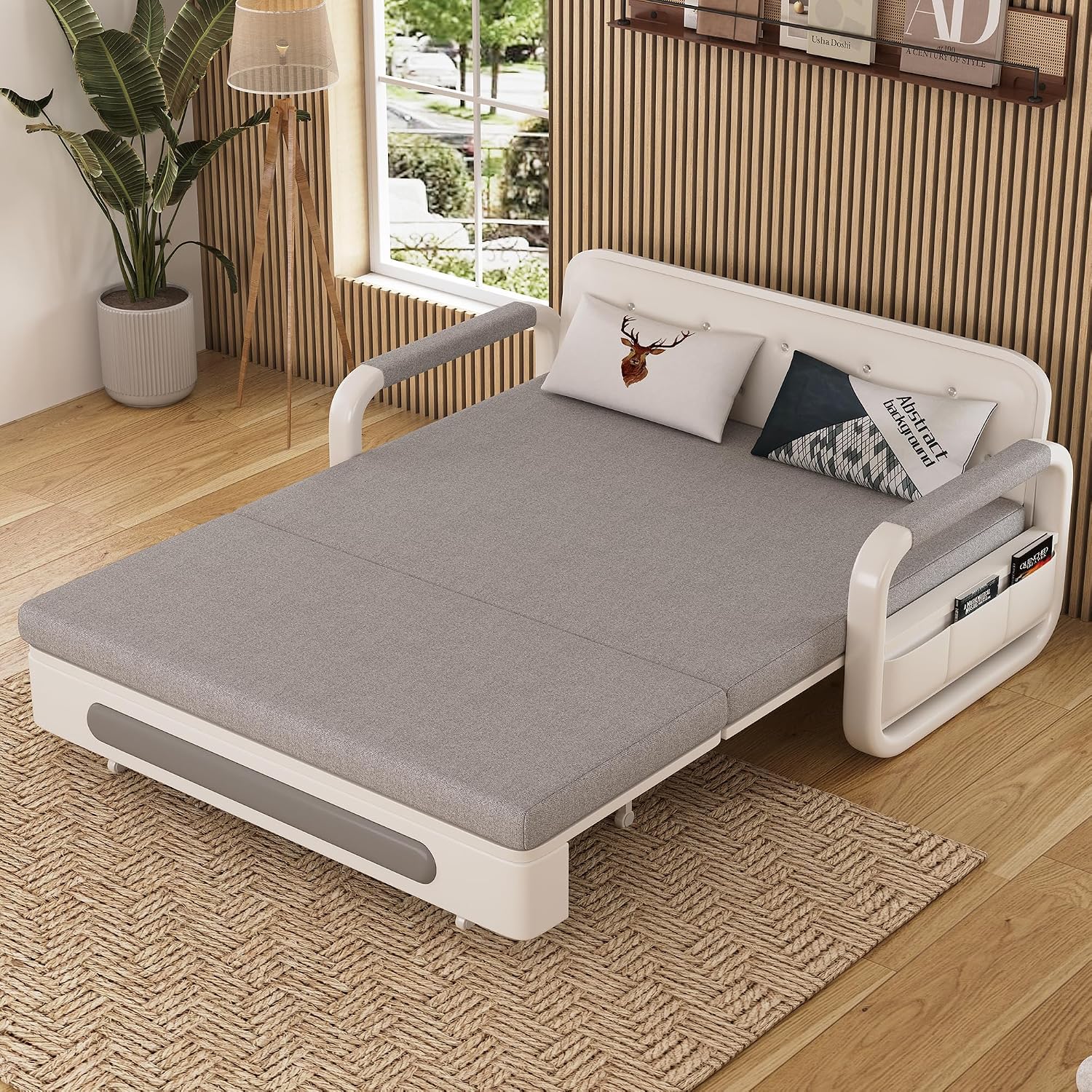 Pull-Out Sofa Daybed with Trundle, Versatile Futon Couch with Sleeping Function and Storage Space, Sofa Bed for Small Rooms and Living Rooms, Dark Grey and White (62.2')