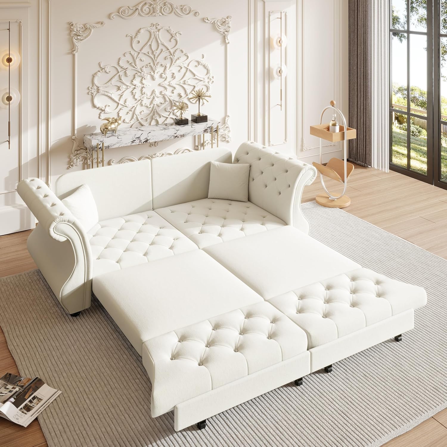 83.8' Oversized Pull Out Sofa Bed, Chesterfield Velvet Sleeper Sofa Couch with Roll Arm & Flower Tufting, Heavy Duty Metal Frame Convertible Sofa for Living Room, Apartment, Guest Room, Beige | Pull Out, Roll Arm, Flower Tufting, Convertible