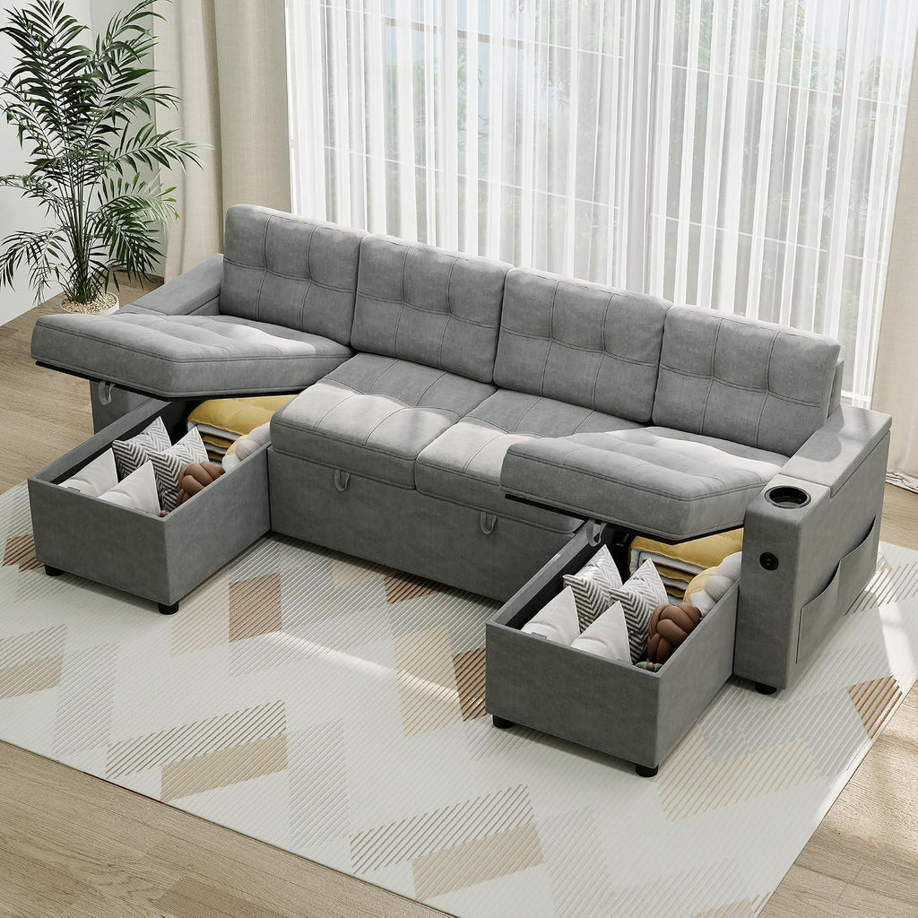 IDEALHOUSE U-Shaped Couches for Living Room, Sofa Bed for Living Room with Reversible Storage Chaises and Hidden Storage Armrests, Cup Holders and USB Charging Ports Included, Light Grey