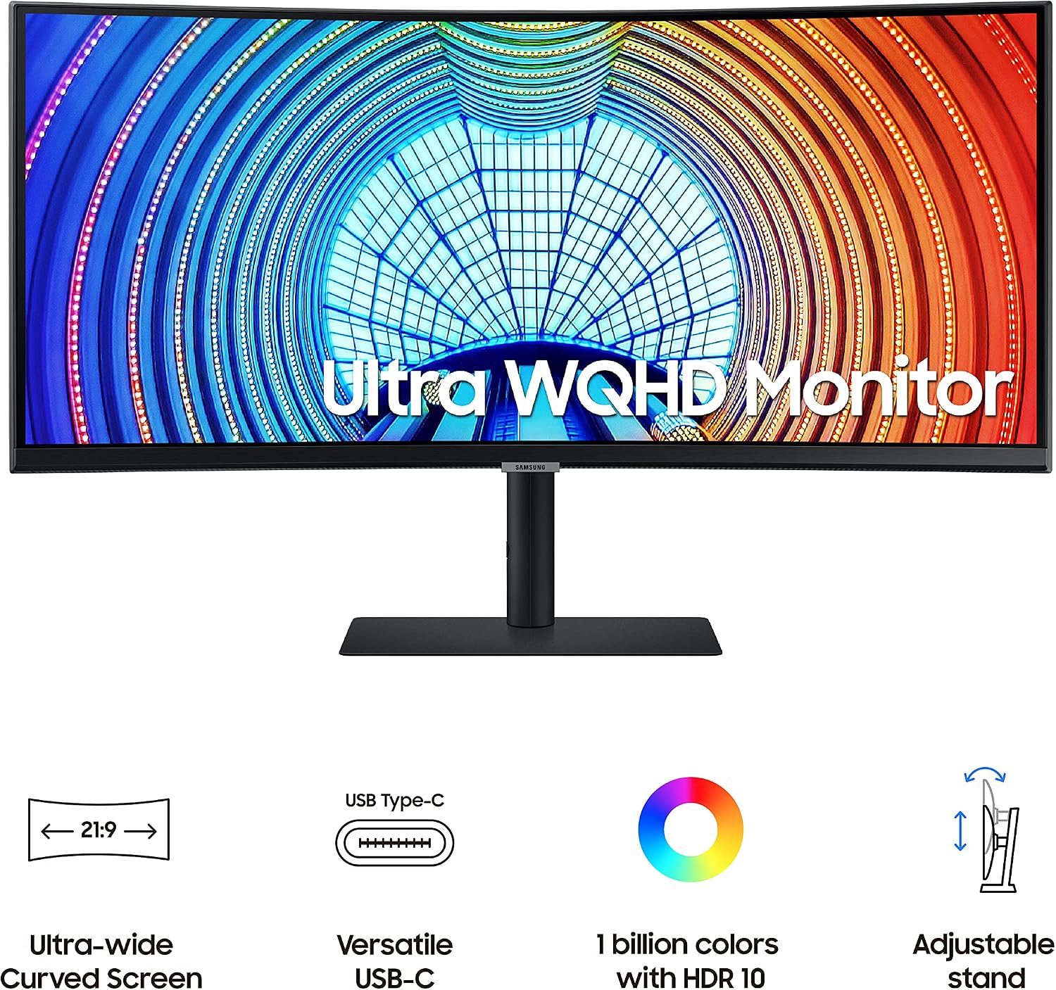 SAMSUNG 34 inch S65UA Ultra WQHD (3440x1440) Curved Monitor, 100Hz, HDR10, HDMI, DP, LAN, 90W USB-C Charging, Tilt/Swivel/Pivot Stand (LS34A650UXNXGO)