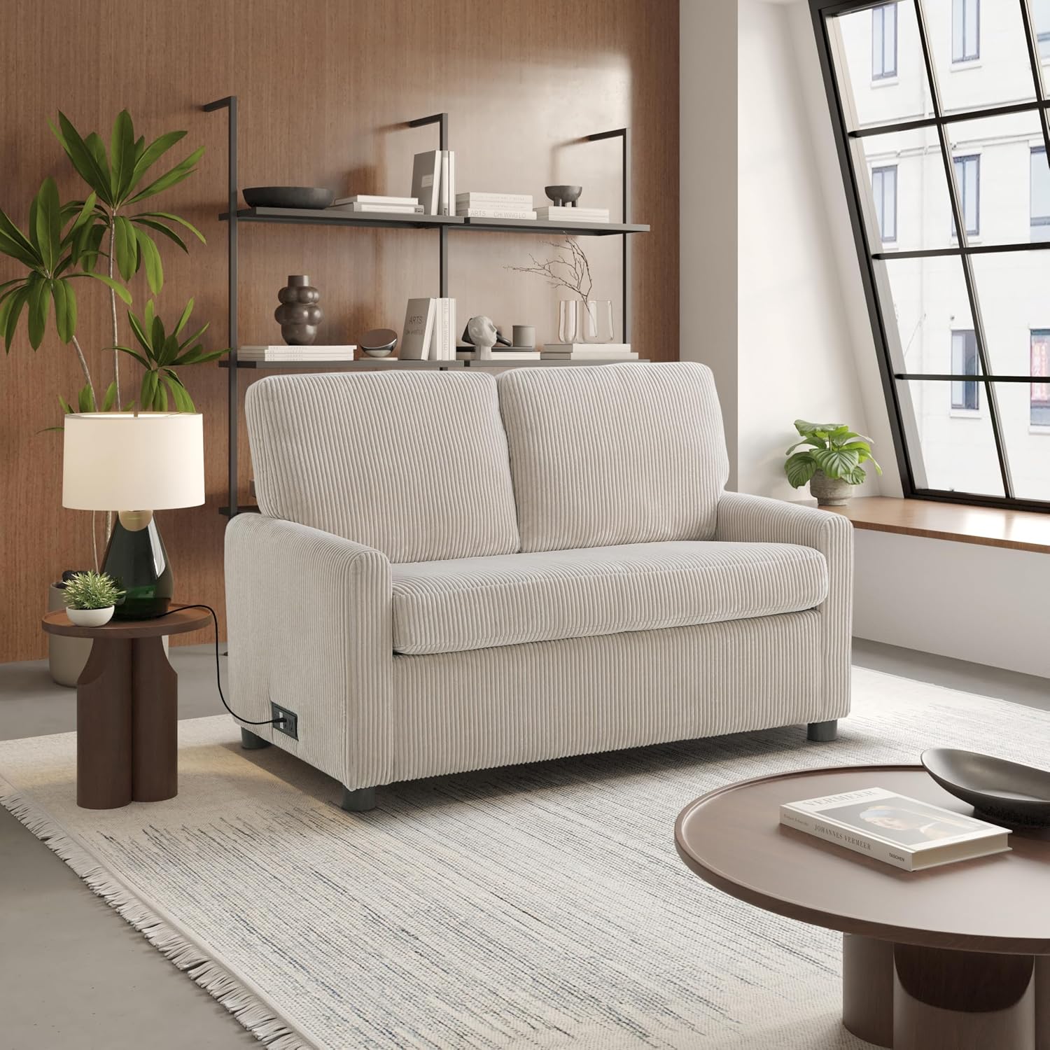 Serta® Darnold 53.5' Pull-Out Sleeper Loveseat, Twin Size, Dreamcoil® Comfort, Memory Foam Pull-Out Mattress, USB-C and USB-A Power Ports, Soft Corduroy Fabric, Beige