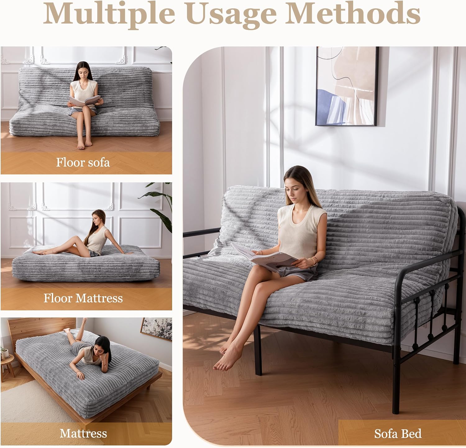 YOSHOOT 8 Inches Futon Mattress, Thick Futons Sofa Bed Couch, Floor Mattress for Adults, Shredded Foam Filling(Frame Not Included), Medium Firm，Queen Size