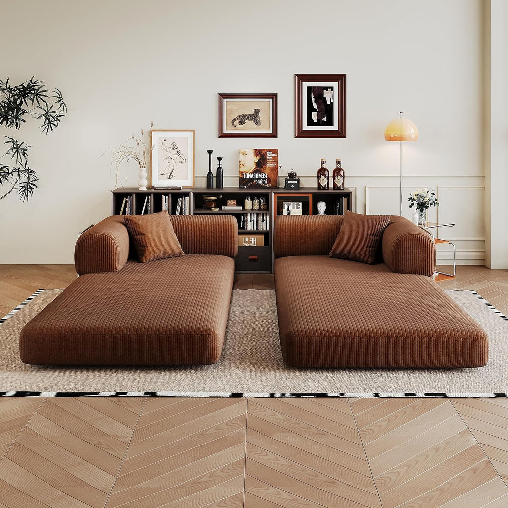 79' Convertible Sofa Bed, Corduroy Folding Pull Out Couch with Pillows, No Assembly Modern Boneless Couch Compression Sofa in Box, Floor Sofa with Support Rods for Living Room,Brown