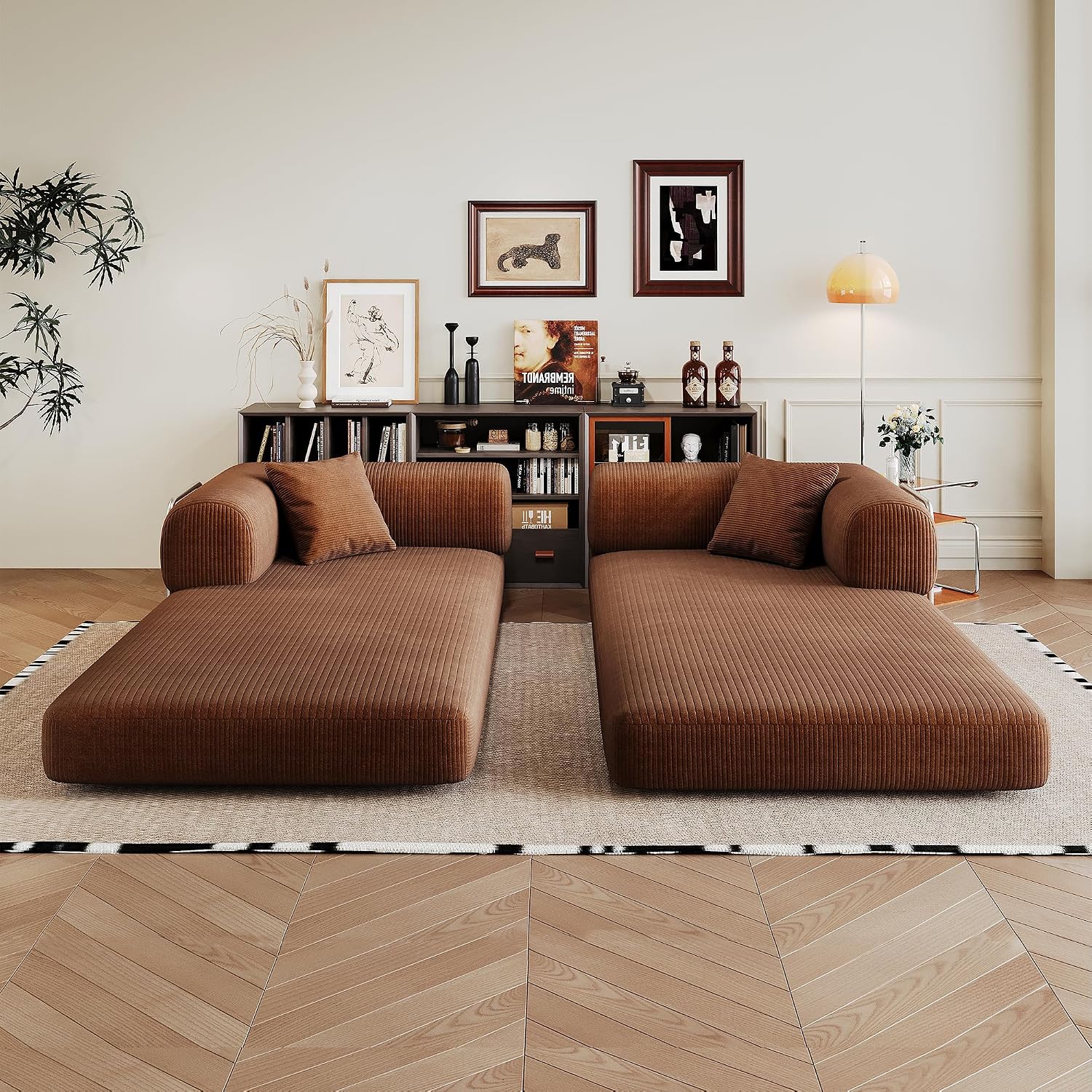 79' Convertible Sofa Bed, Corduroy Folding Pull Out Couch with Pillows, No Assembly Modern Boneless Couch Compression Sofa in Box, Floor Sofa with Support Rods for Living Room,Brown