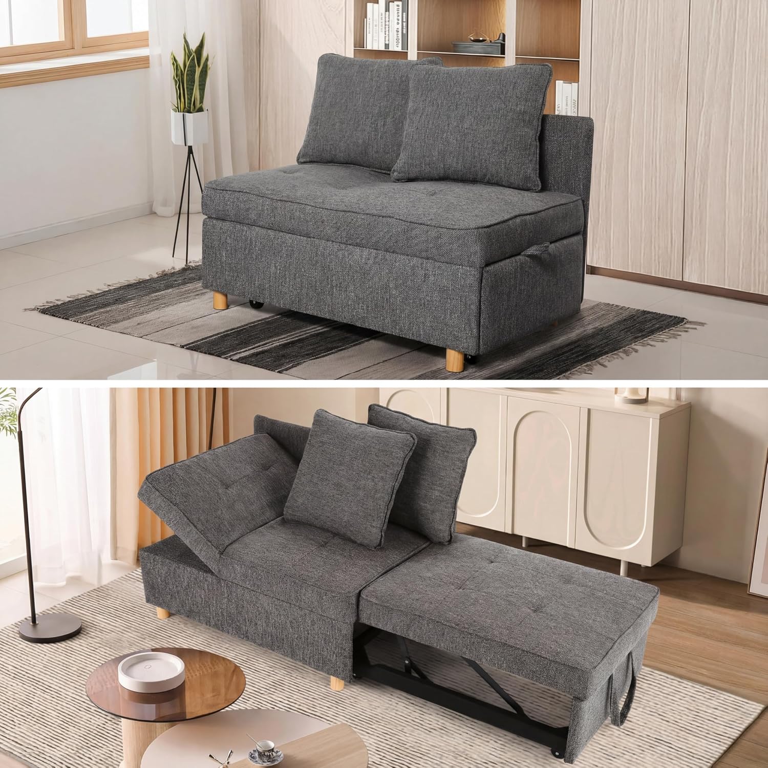 SEJOV Sofa Bed 4-in-1 Convertible Sofas & Couches, 3-Seat Linen Fabric loveseat Sofa with 2 Throw Pillow, Single Recliner for Small Space with 5 Adjustable Backrest, Dark Grey