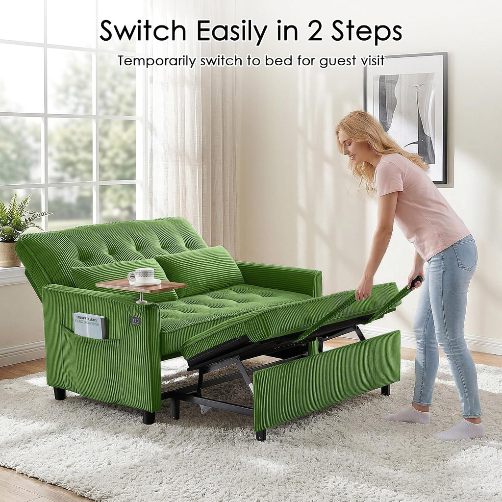Sleeper Sofa Bed, 54'' Convertible Pull Out Couch with Small Table| USB Port | Stand Table| Corduroy Fabric | Adjustable Backrest for Apartment, Office, Bedroom, Guest Room(Green)