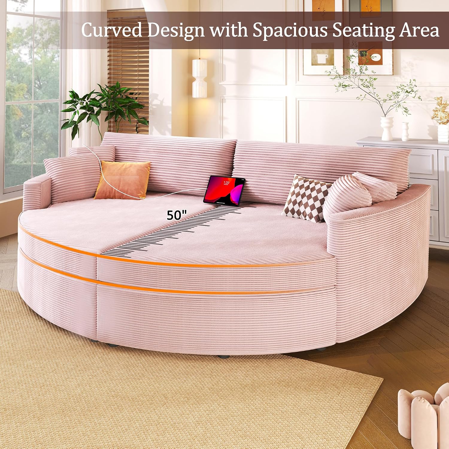 Merax 102.3' Oversized Double Chaise Lounge Indoor, Comfy Corduroy Upholstered Loveseat Sleeper Sofa Bed, Deep Seat Cloud Couch with USB Ports and Throw Pillows for Living Room, Pink