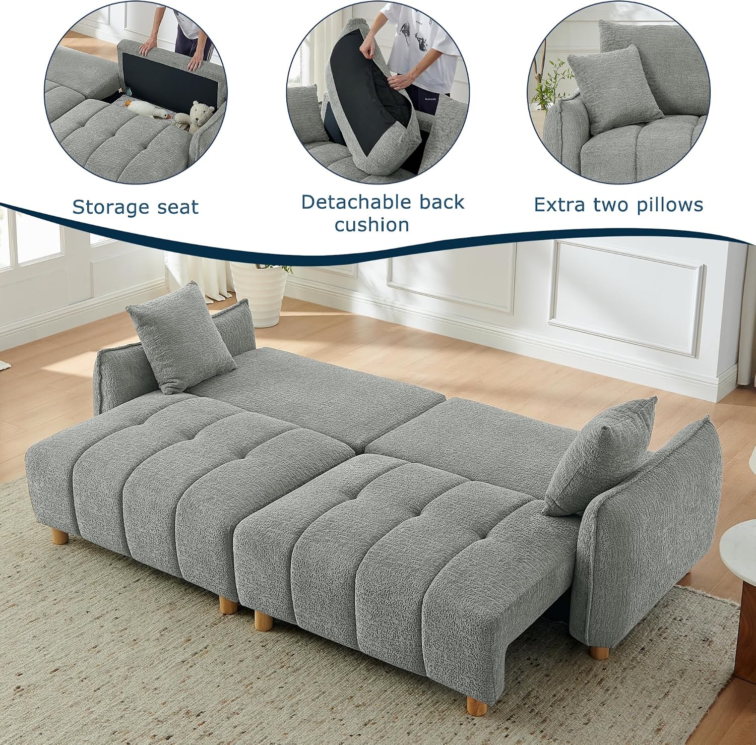 Mofolit Sleeper Sofa Bed Convertible Couch with Storage in Chenille Fabric Loveseat for Living Room Apartment and Small Spaces (Grey)