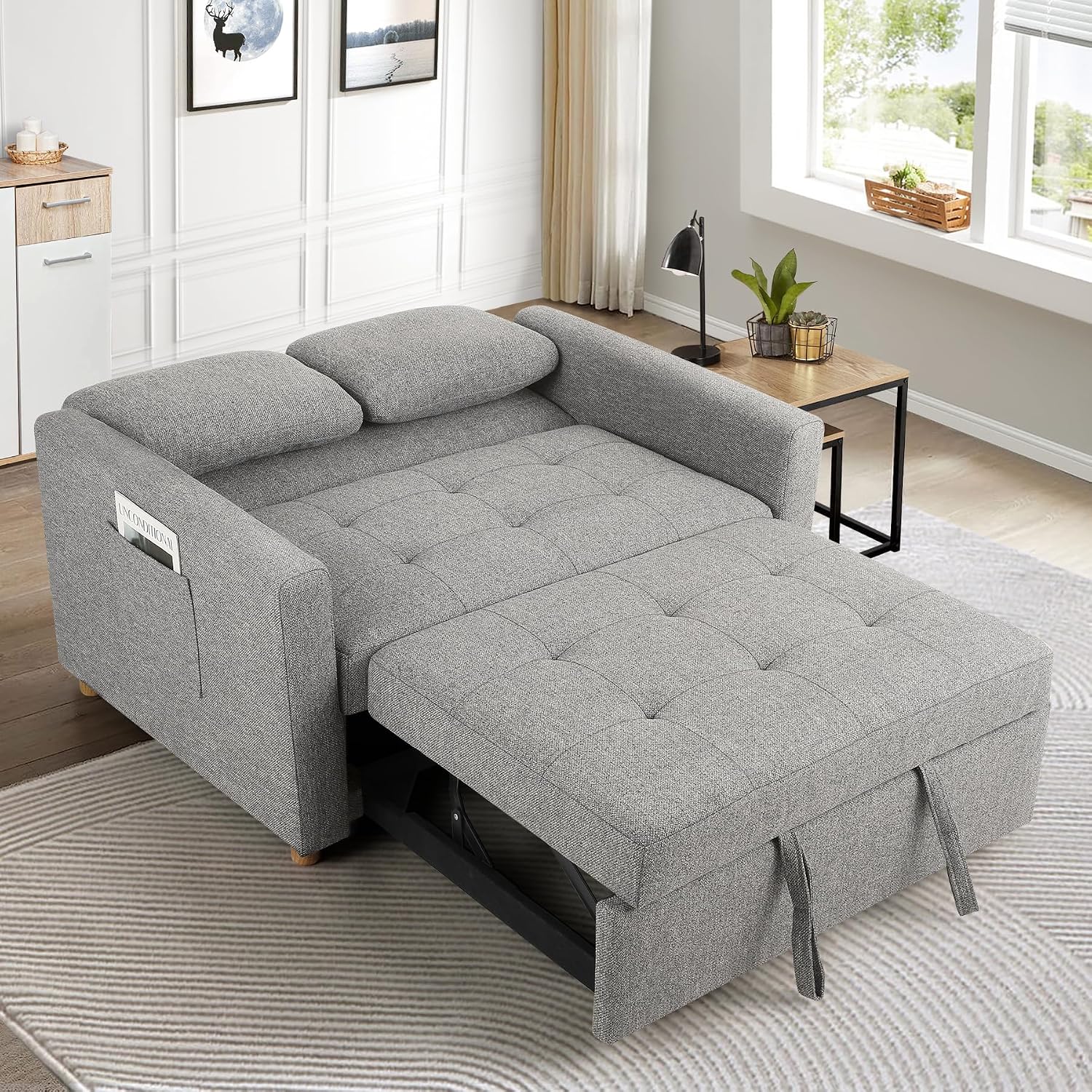 SEJOV Convertible Sofa Bed, 3-in-1 Sleeper Sofa Pull Out Couch Bed, 2-Seater Linen Fabric Loveseat Futon Sofa with Spring Support, Adjustable Backrest for Small Spaces, Living Room, Grey